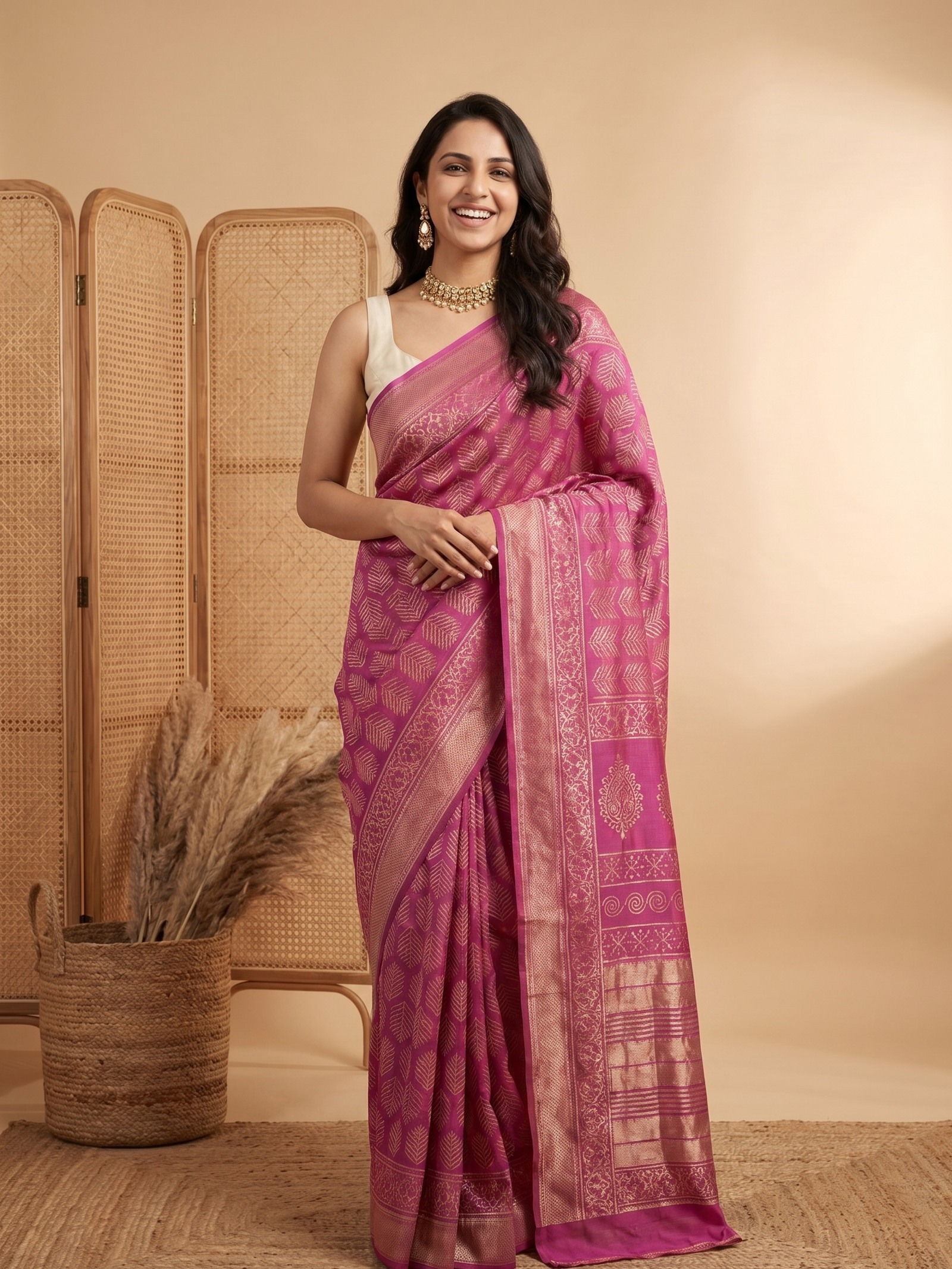 Pankhuri Pink Maheshwari Cotton Silk Saree