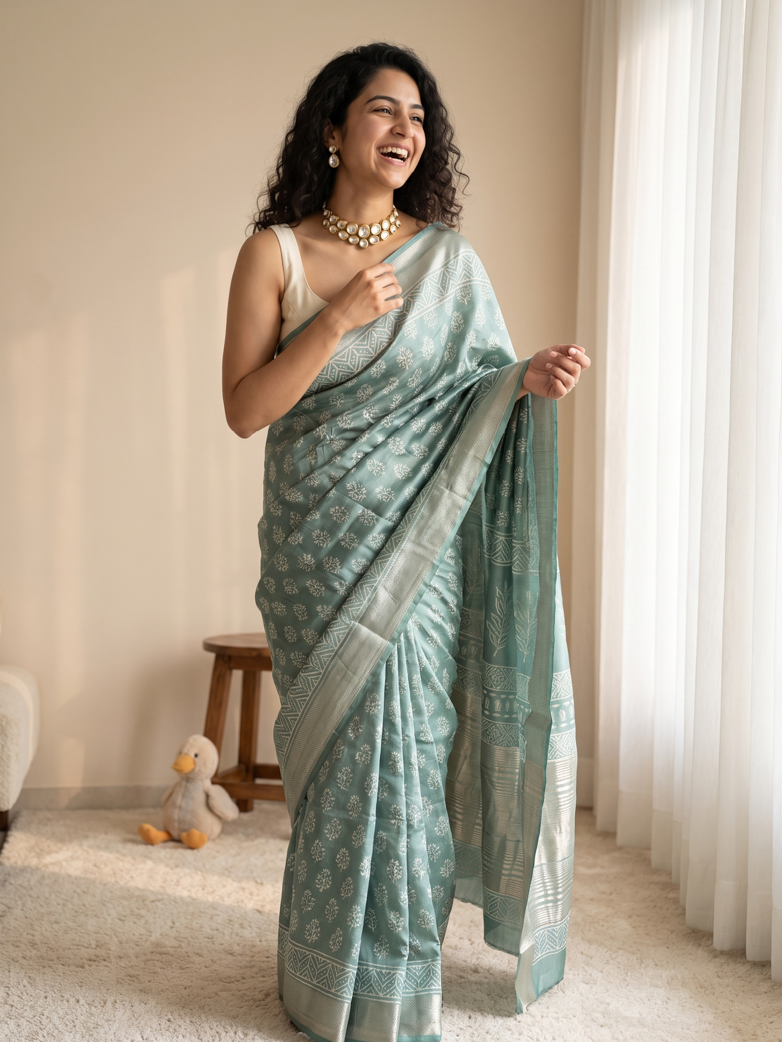Mint Green Maheshwari Cotton Silk Saree
