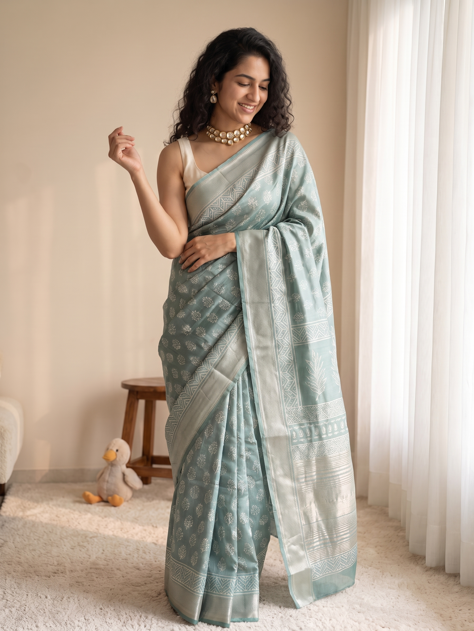 Mint Green Maheshwari Cotton Silk Saree