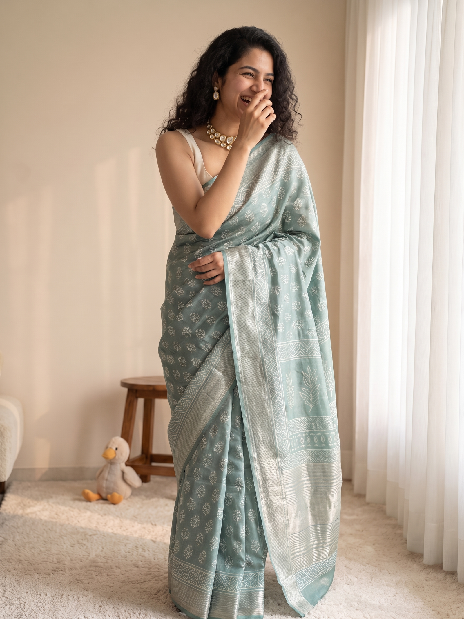 Mint Green Maheshwari Cotton Silk Saree