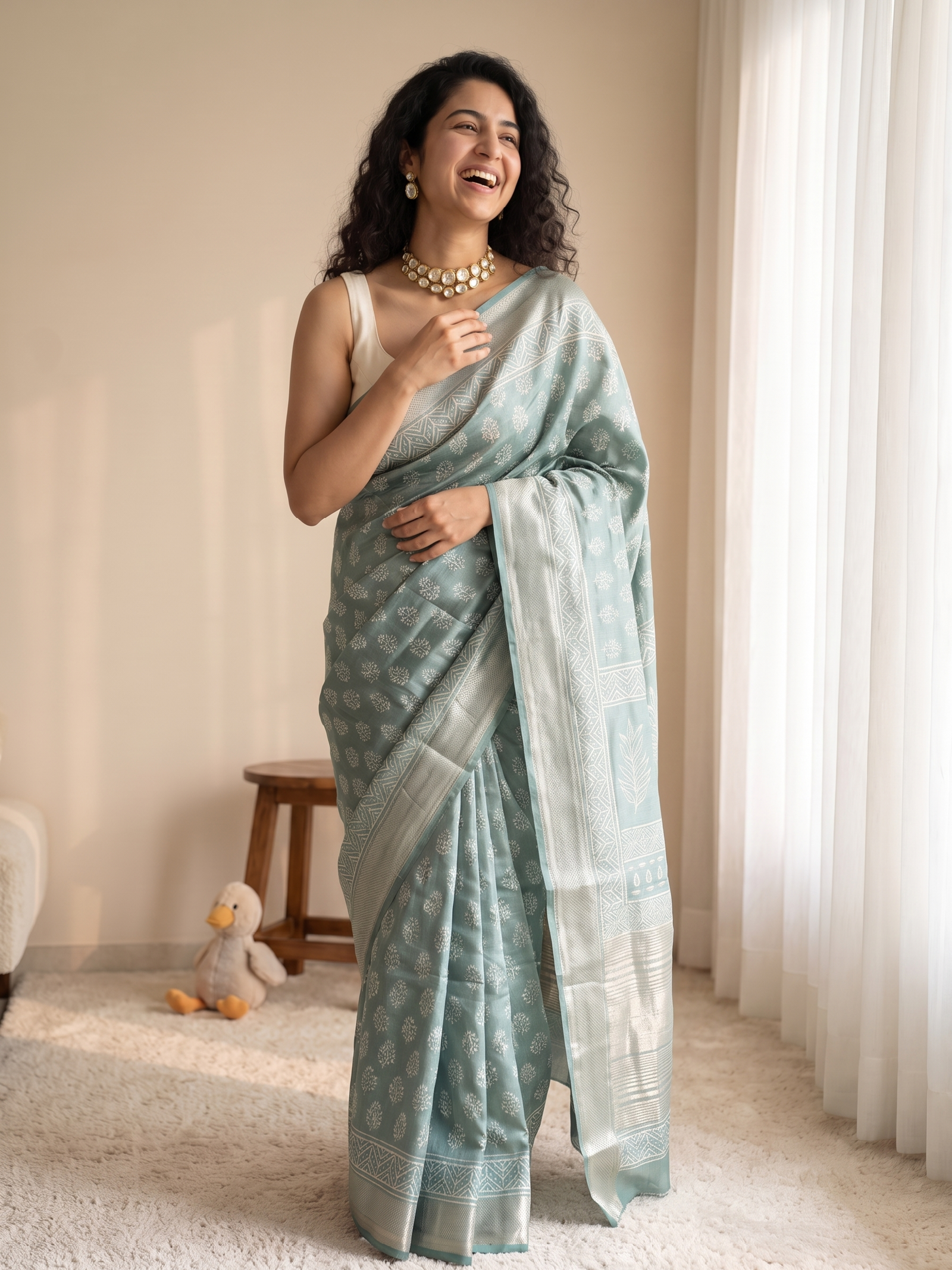 Mint Green Maheshwari Cotton Silk Saree