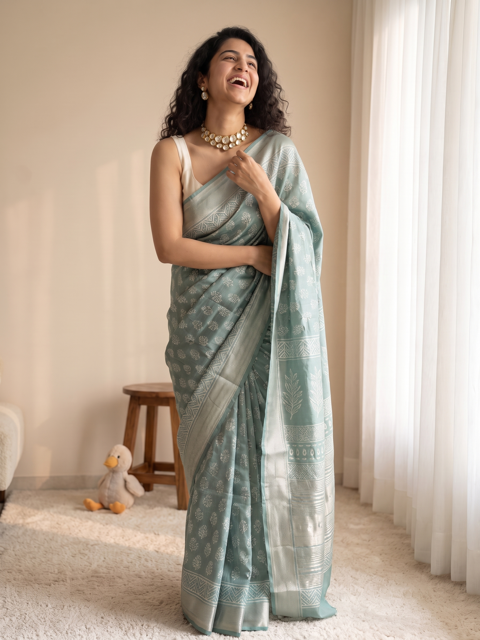 Mint Green Maheshwari Cotton Silk Saree