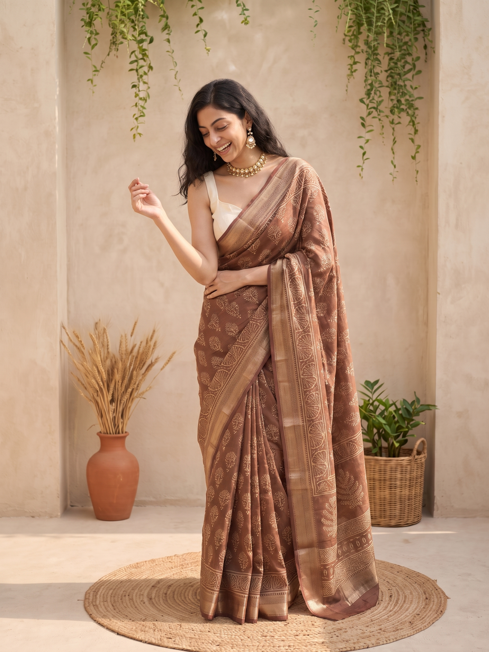 Caramel Maheshwari Cotton Silk Saree