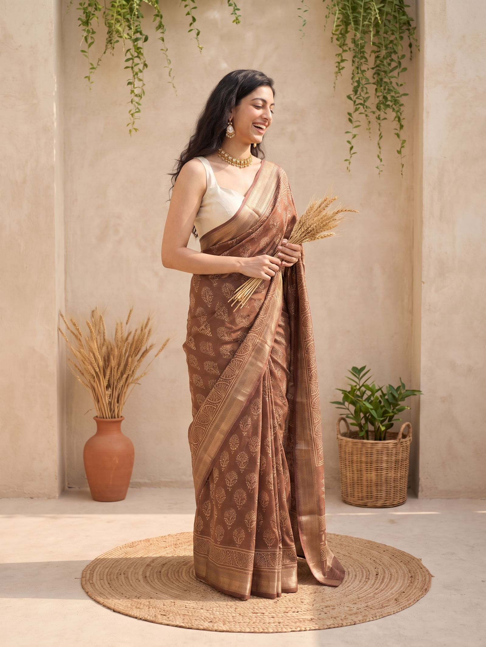 Caramel Maheshwari Cotton Silk Saree