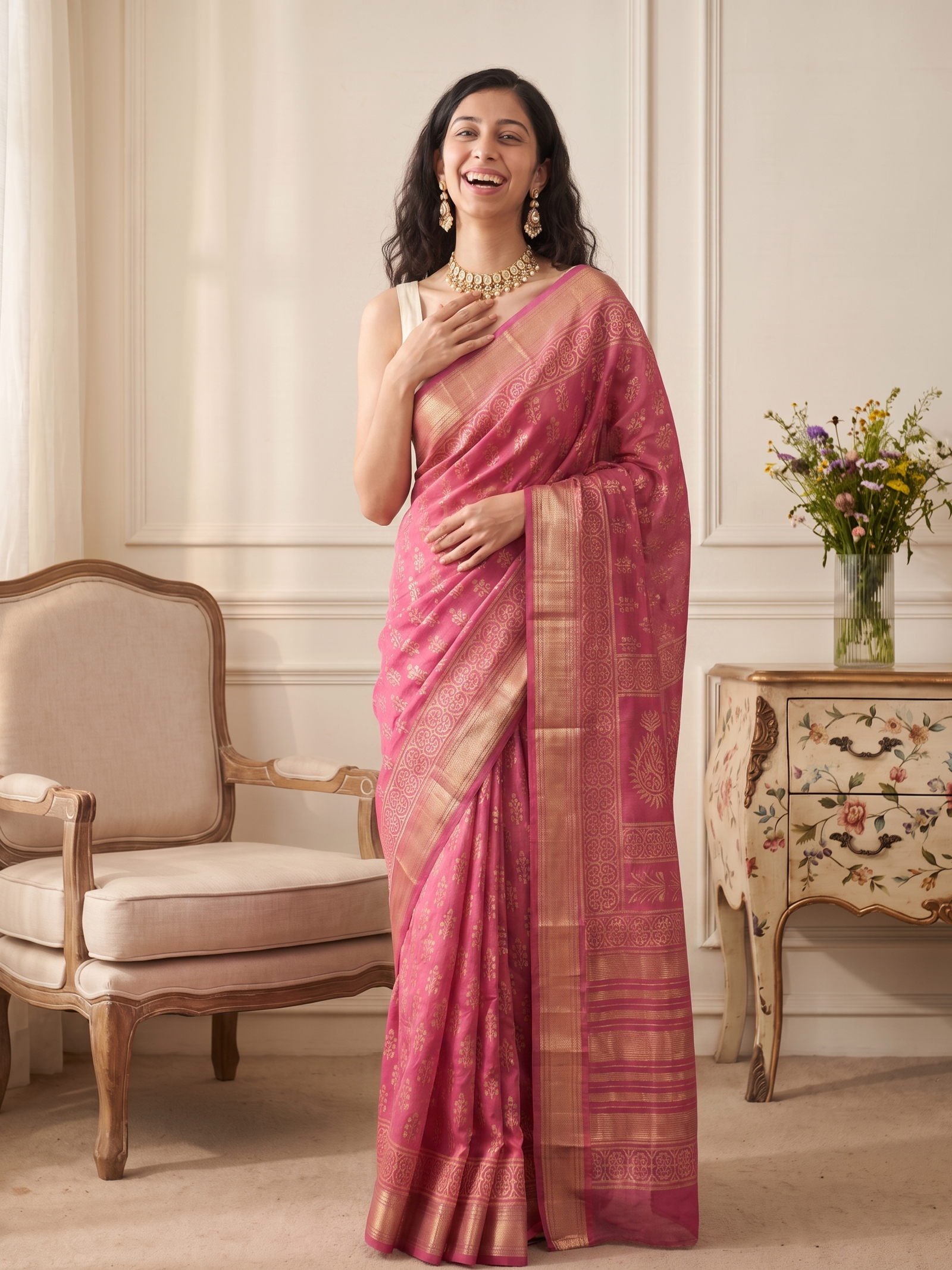 Gulabi Noor Maheshwari Cotton Silk Saree