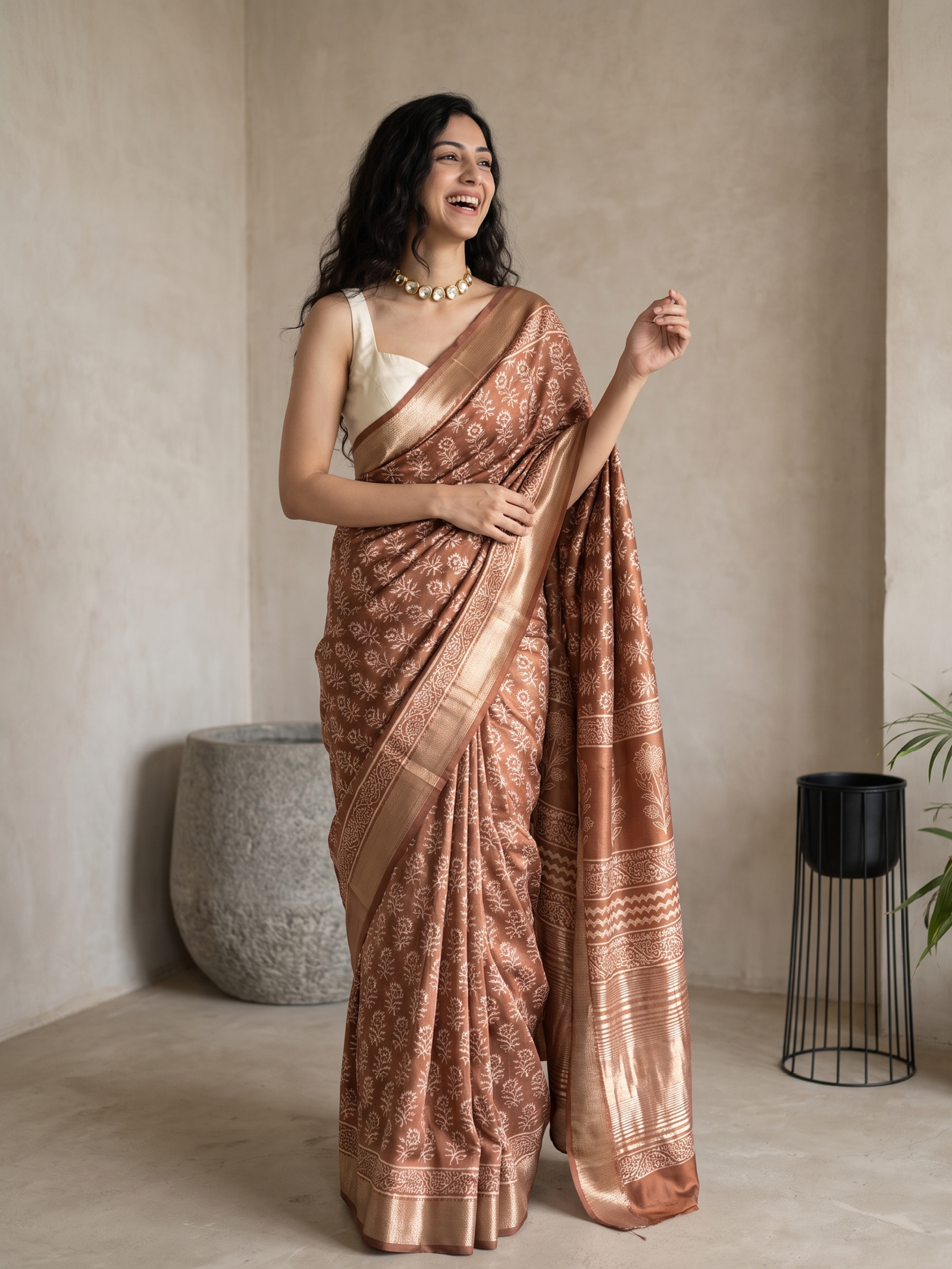 Light Brown Maheshwari Cotton Silk Saree