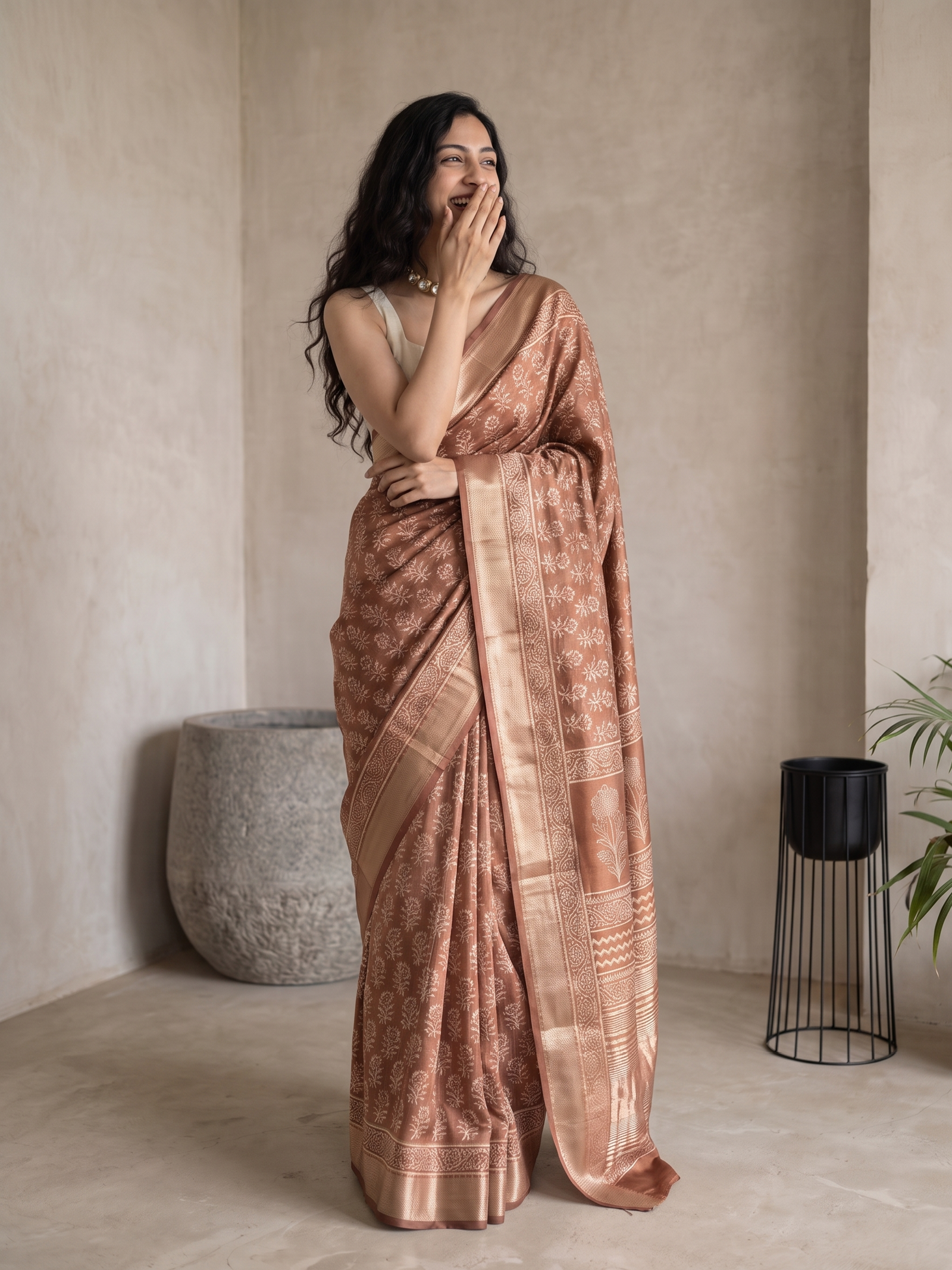 Light Brown Maheshwari Cotton Silk Saree