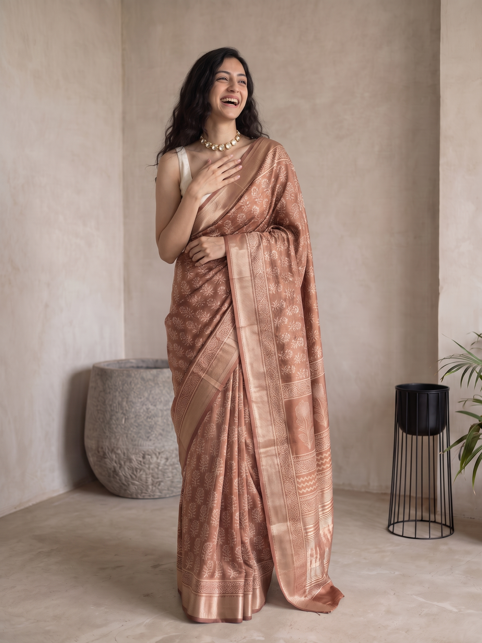 Light Brown Maheshwari Cotton Silk Saree