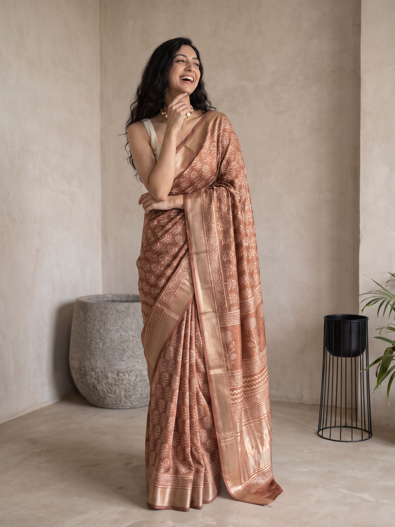 Light Brown Maheshwari Cotton Silk Saree