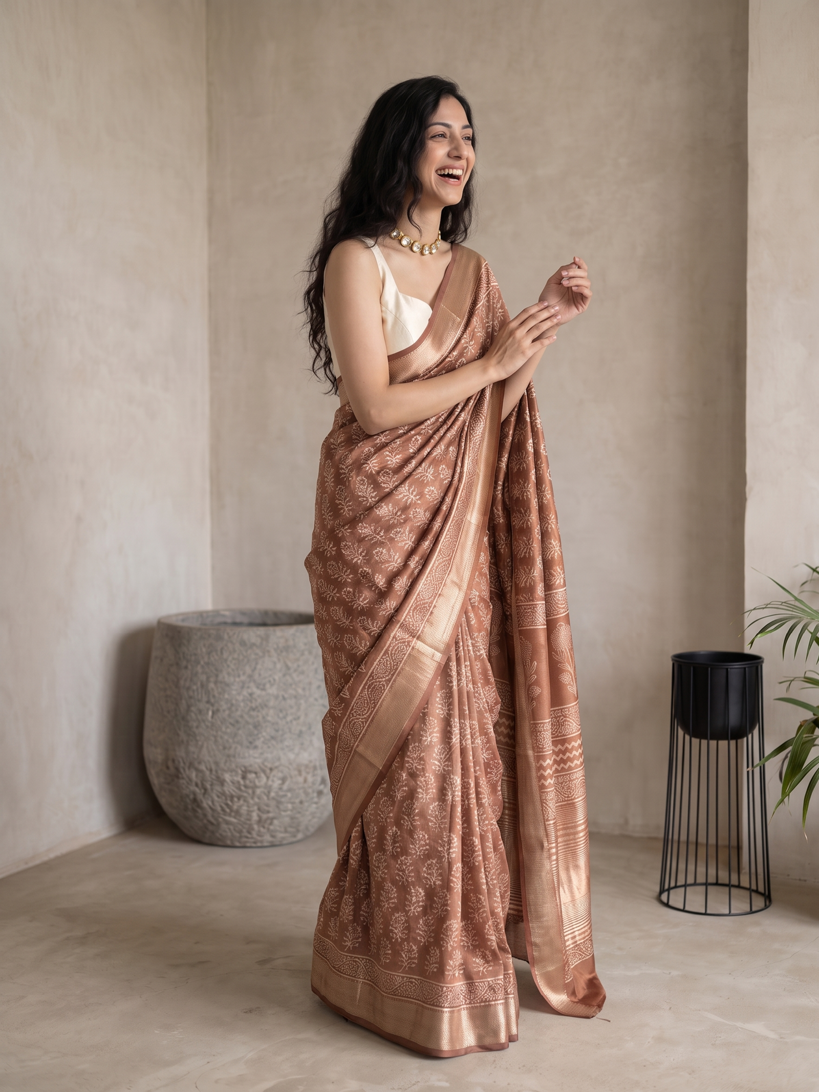 Light Brown Maheshwari Cotton Silk Saree
