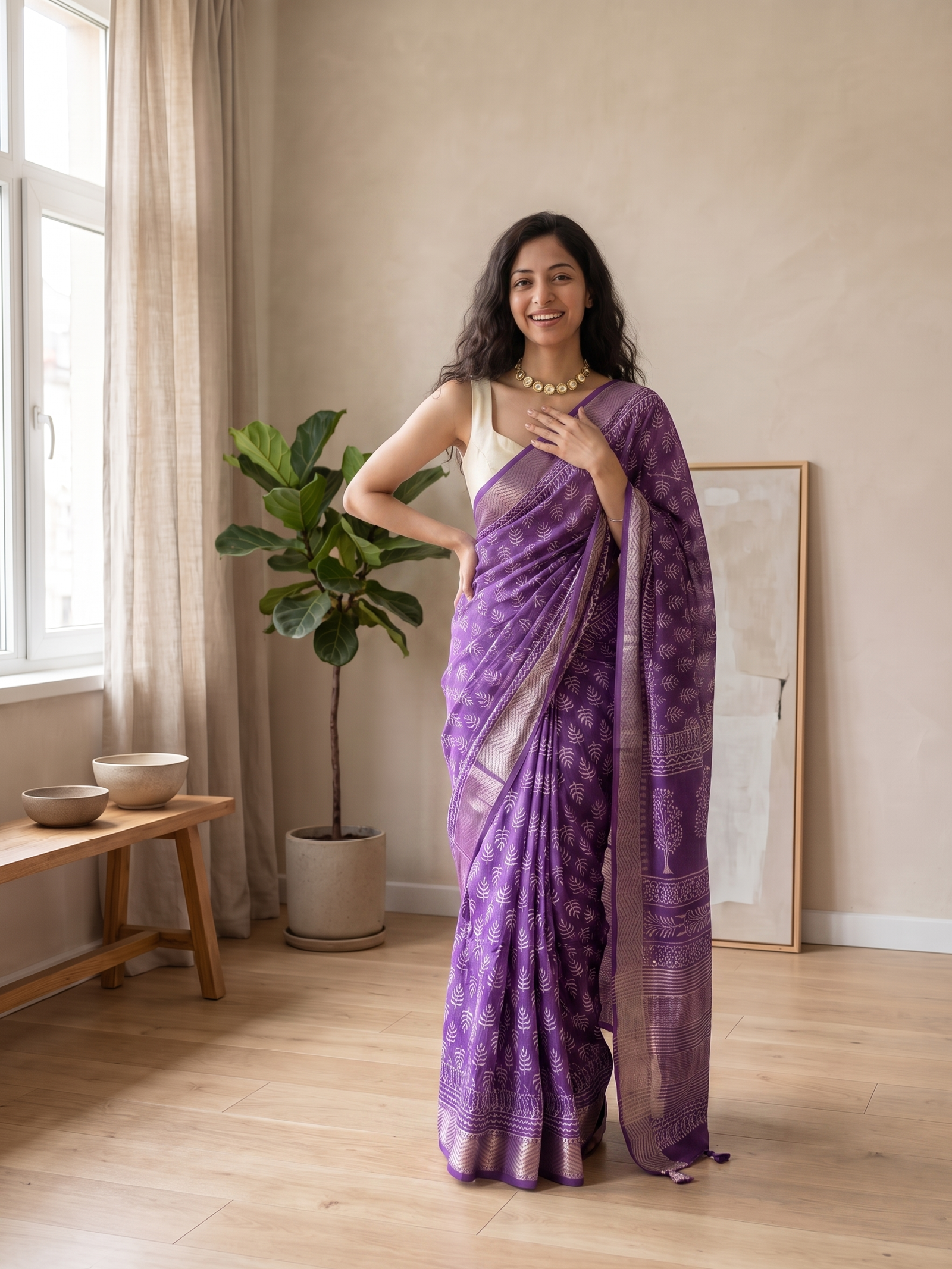 Deep Purple Maheshwari Cotton Silk Saree