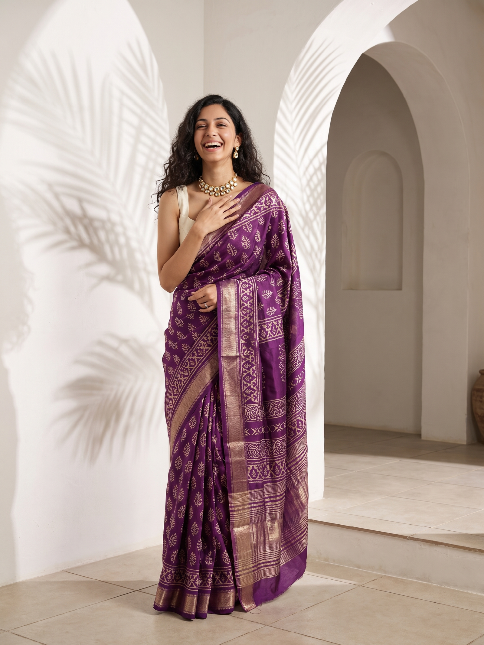 Purple Leaf Maheshwari Cotton Silk Saree