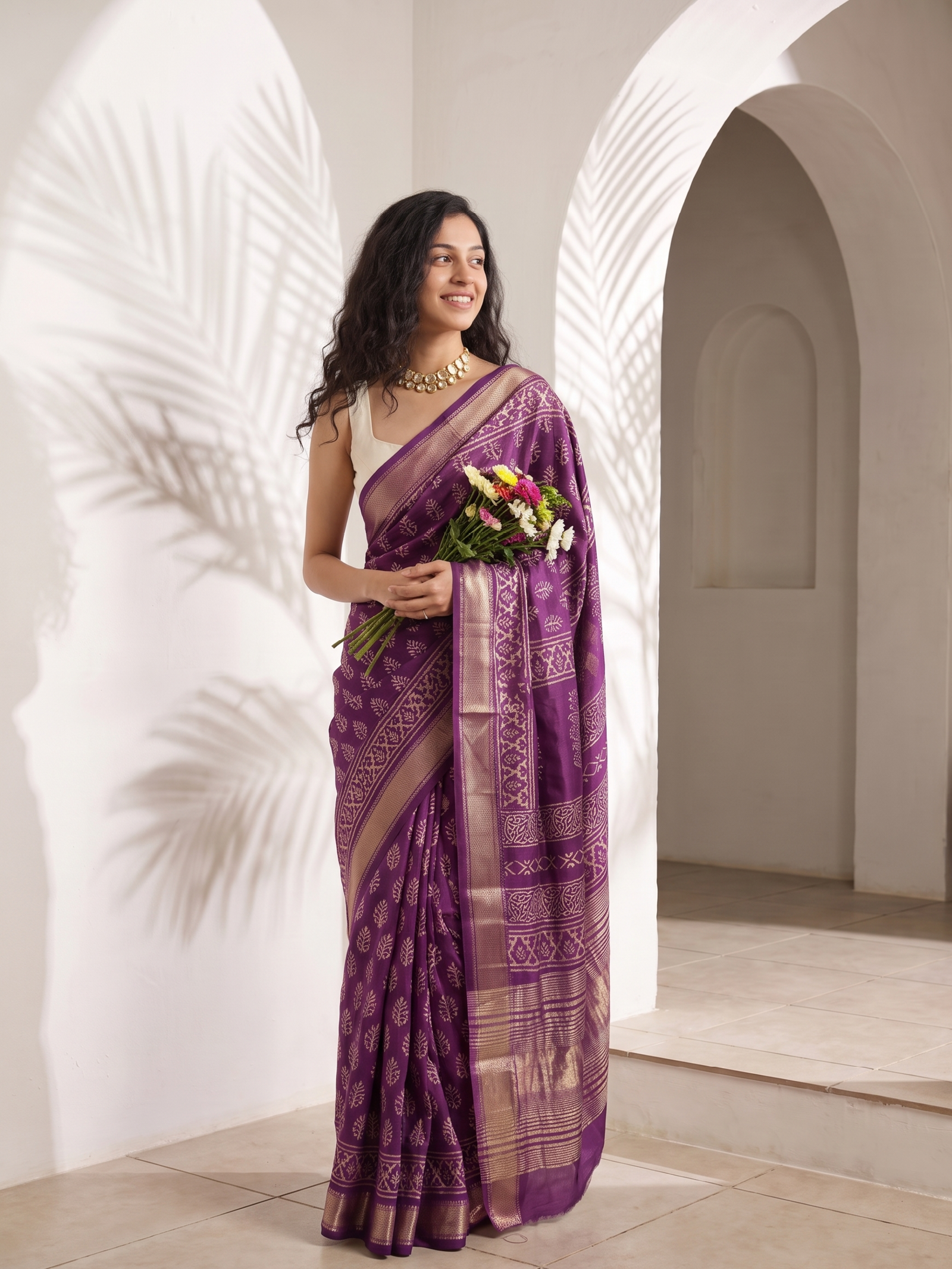 Purple Leaf Maheshwari Cotton Silk Saree