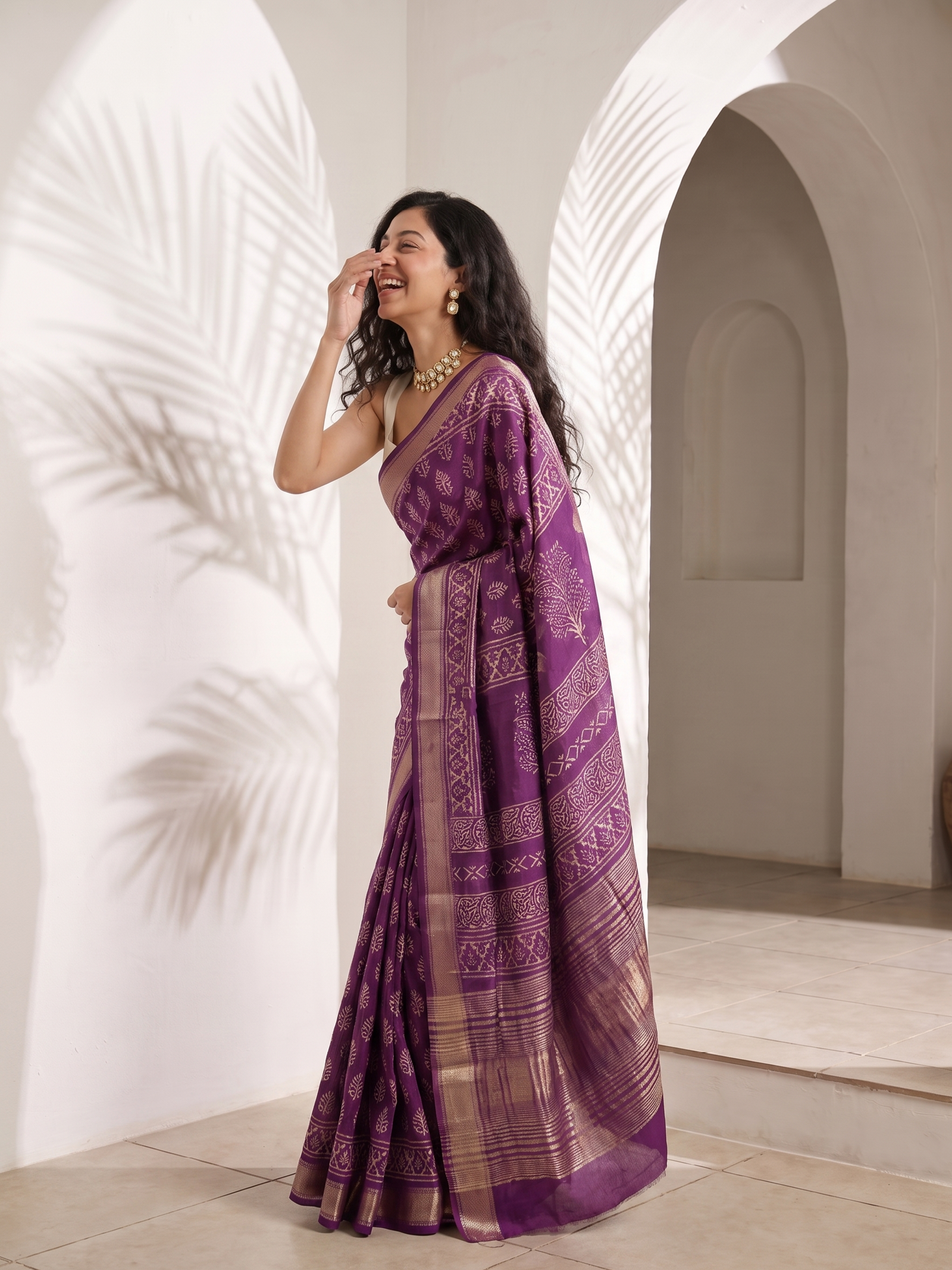 Purple Leaf Maheshwari Cotton Silk Saree