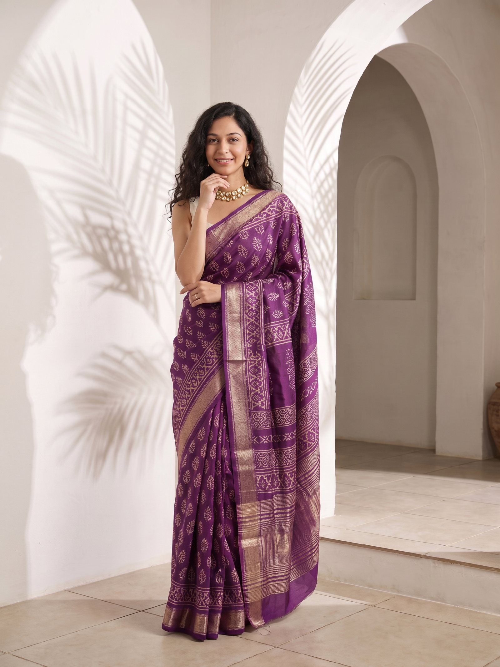 Purple Leaf Maheshwari Cotton Silk Saree