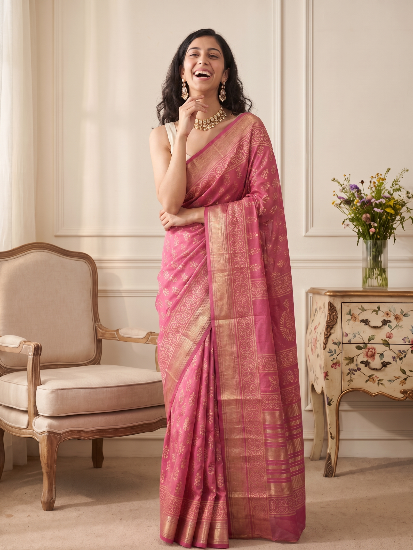 Gulabi Noor Maheshwari Cotton Silk Saree