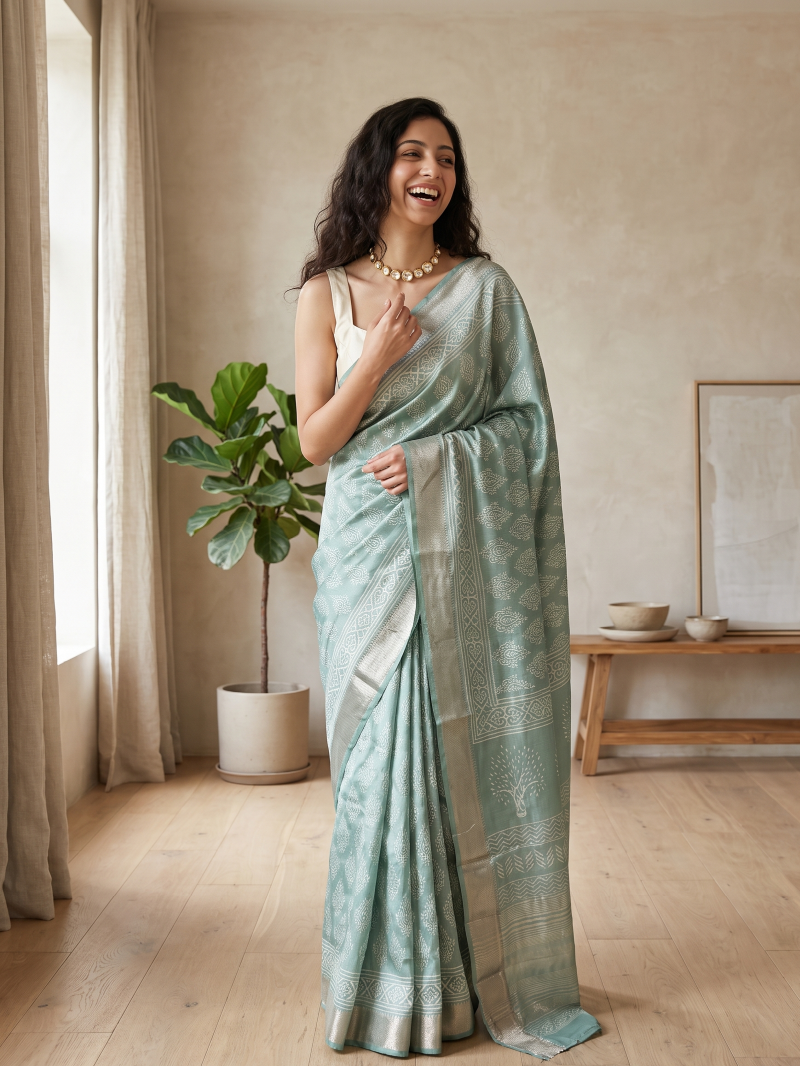 Sage Green Maheshwari Cotton Silk Saree