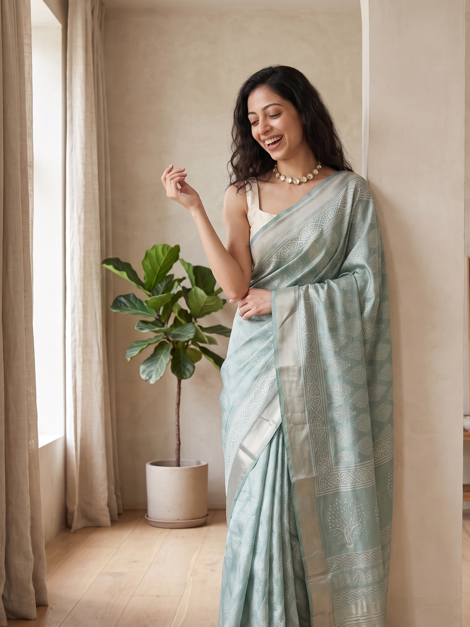 Sage Green Maheshwari Cotton Silk Saree
