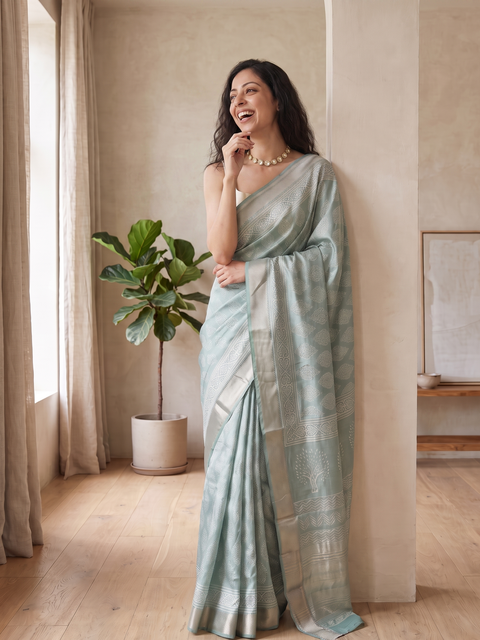 Sage Green Maheshwari Cotton Silk Saree