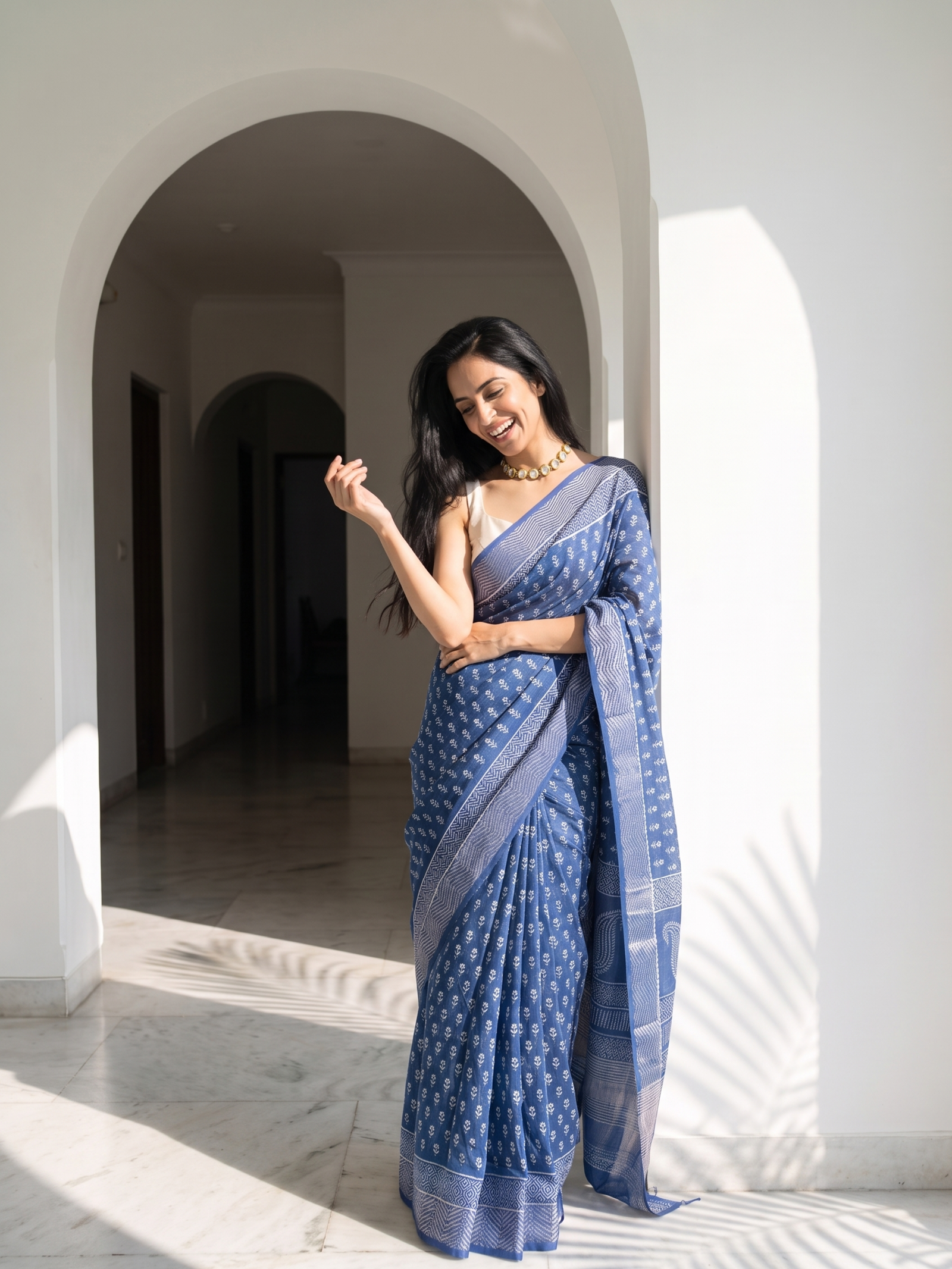 Ink Blue Maheshwari Cotton Silk Saree