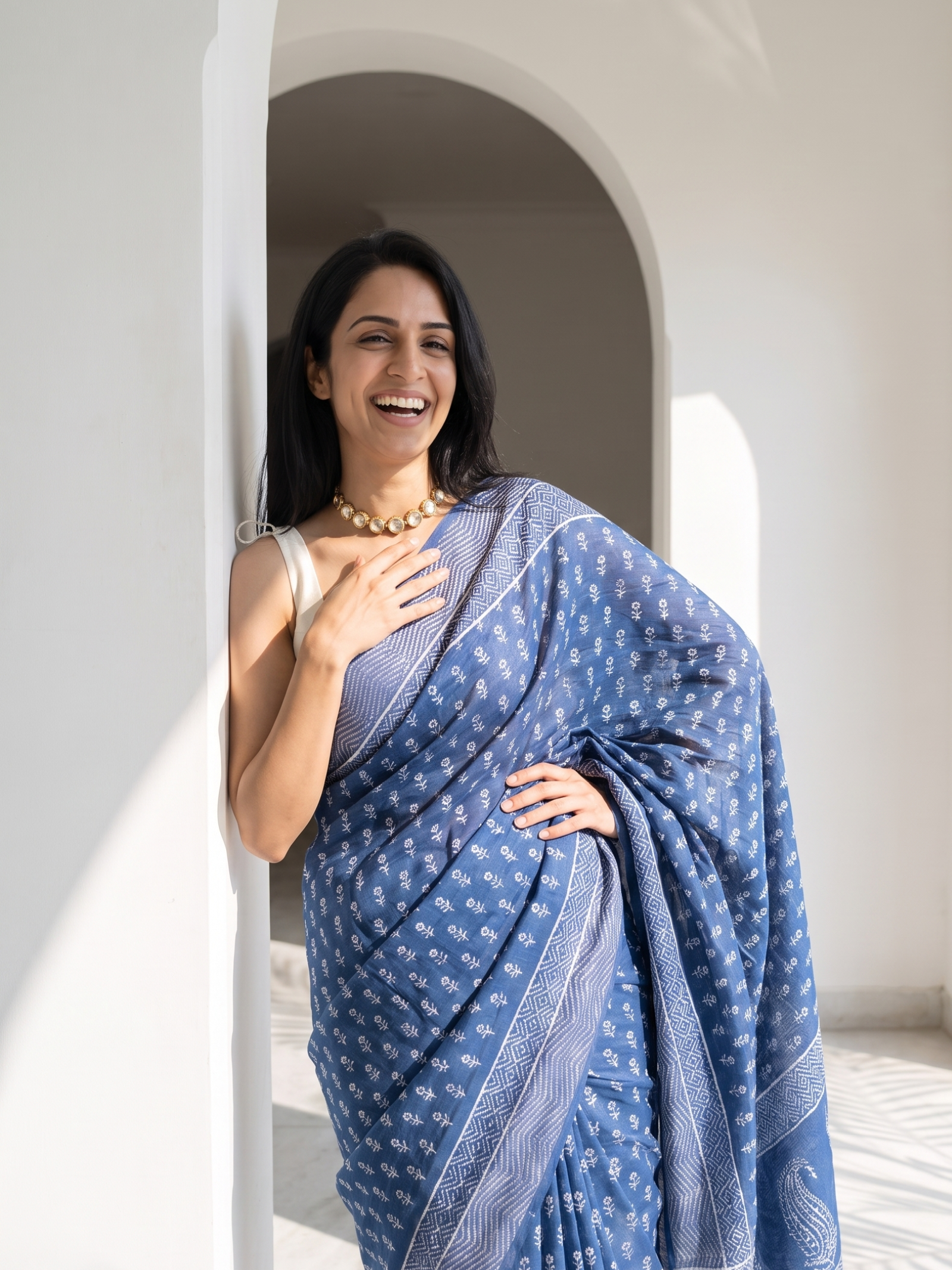 Ink Blue Maheshwari Cotton Silk Saree