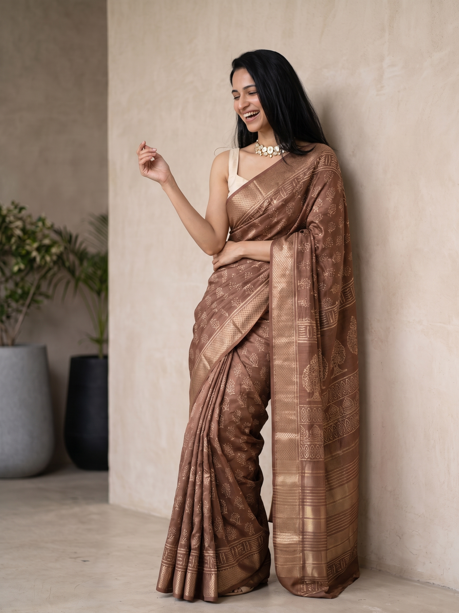 Cinnamon Maheshwari Cotton Silk Saree