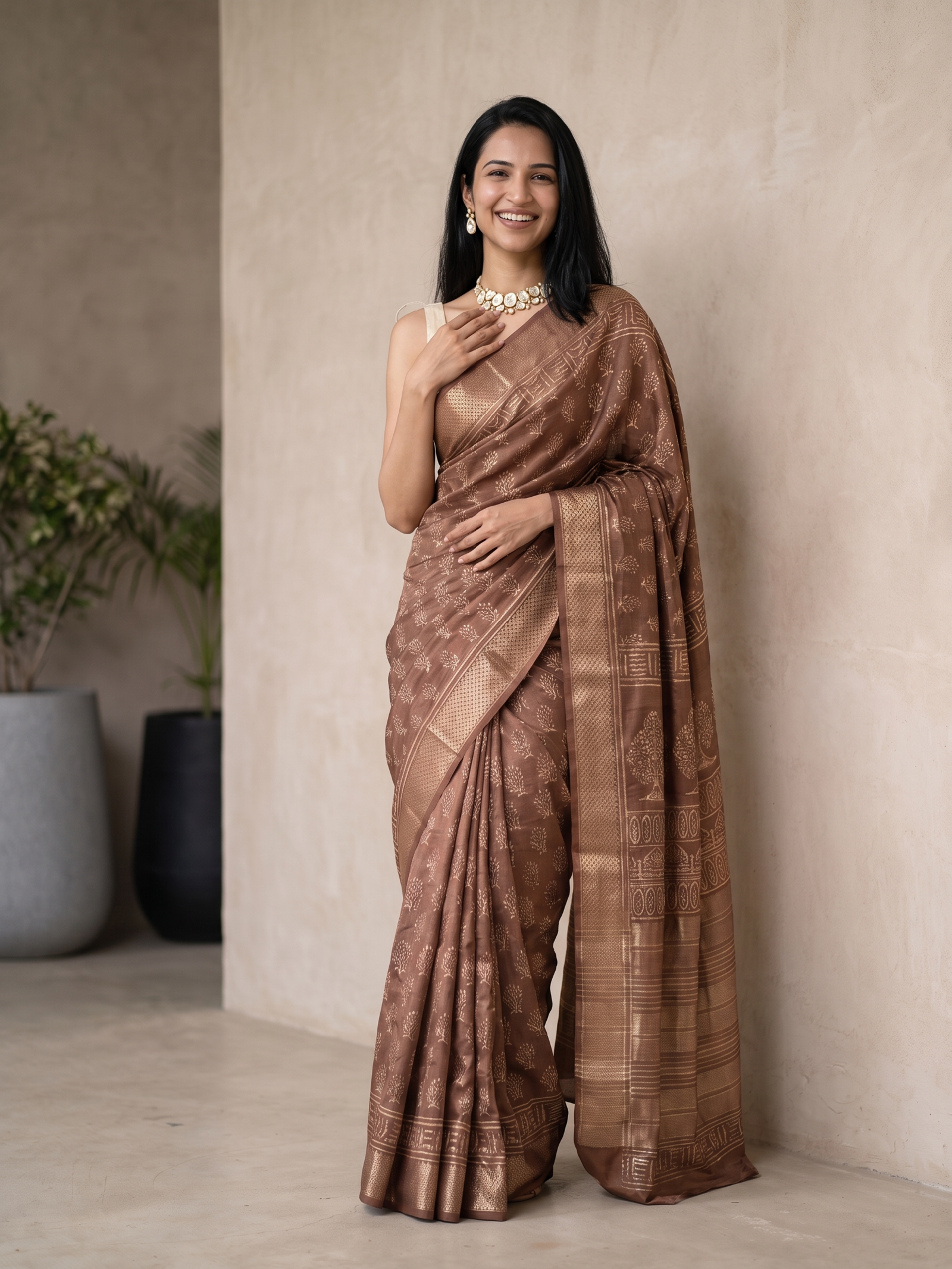 Cinnamon Maheshwari Cotton Silk Saree