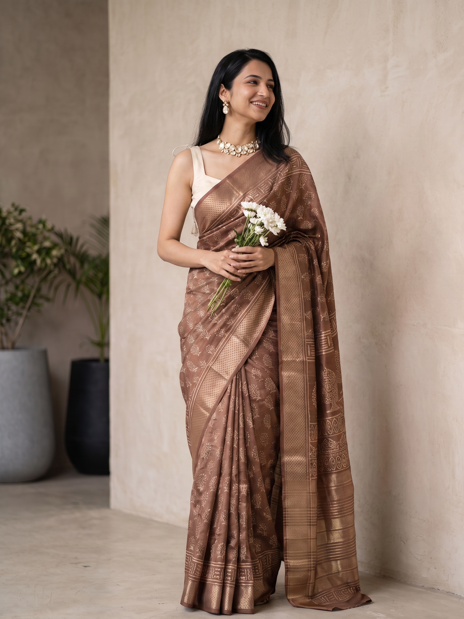 Cinnamon Maheshwari Cotton Silk Saree