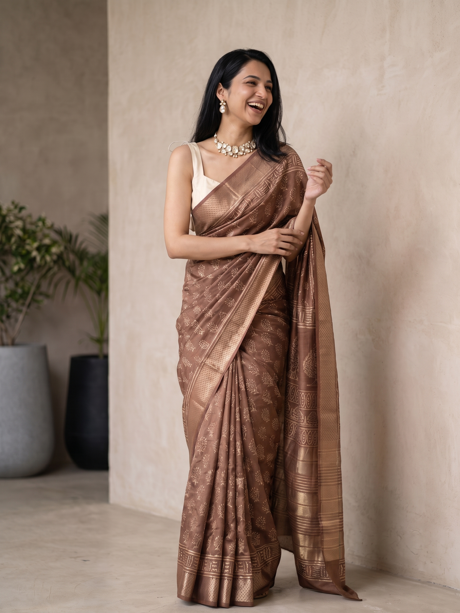 Cinnamon Maheshwari Cotton Silk Saree