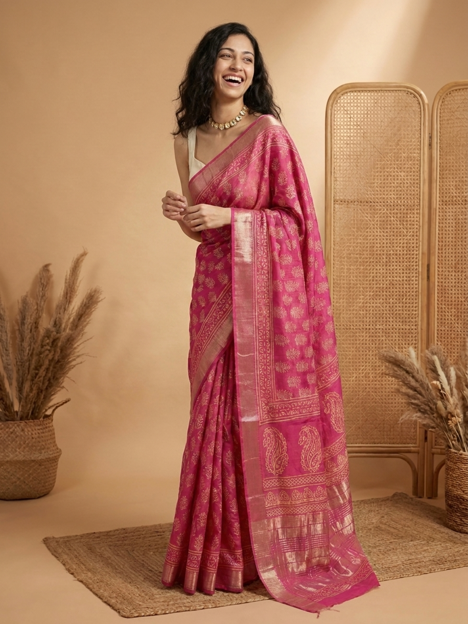 Deep Pink Maheshwari Cotton Silk Saree
