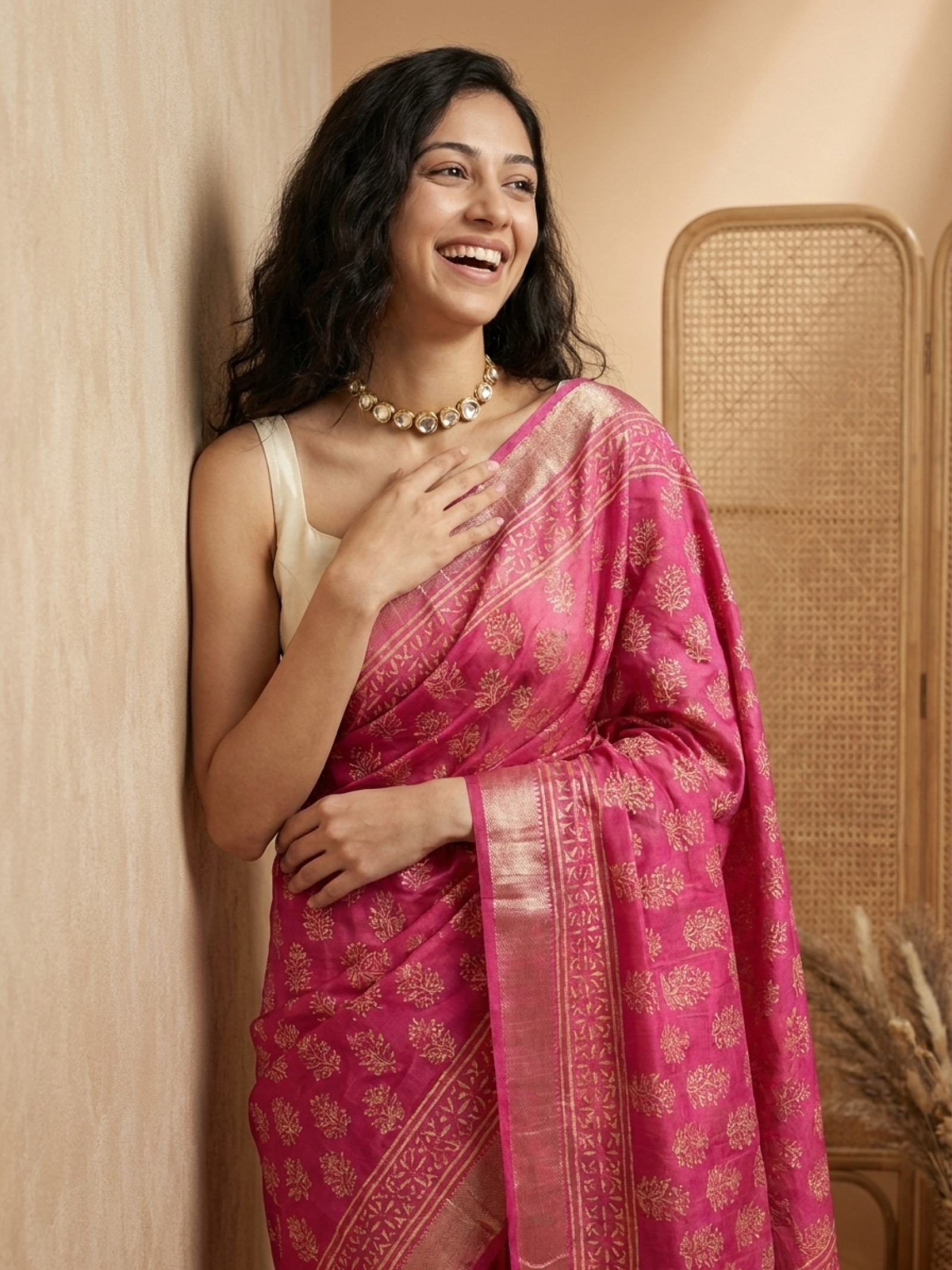 Deep Pink Maheshwari Cotton Silk Saree