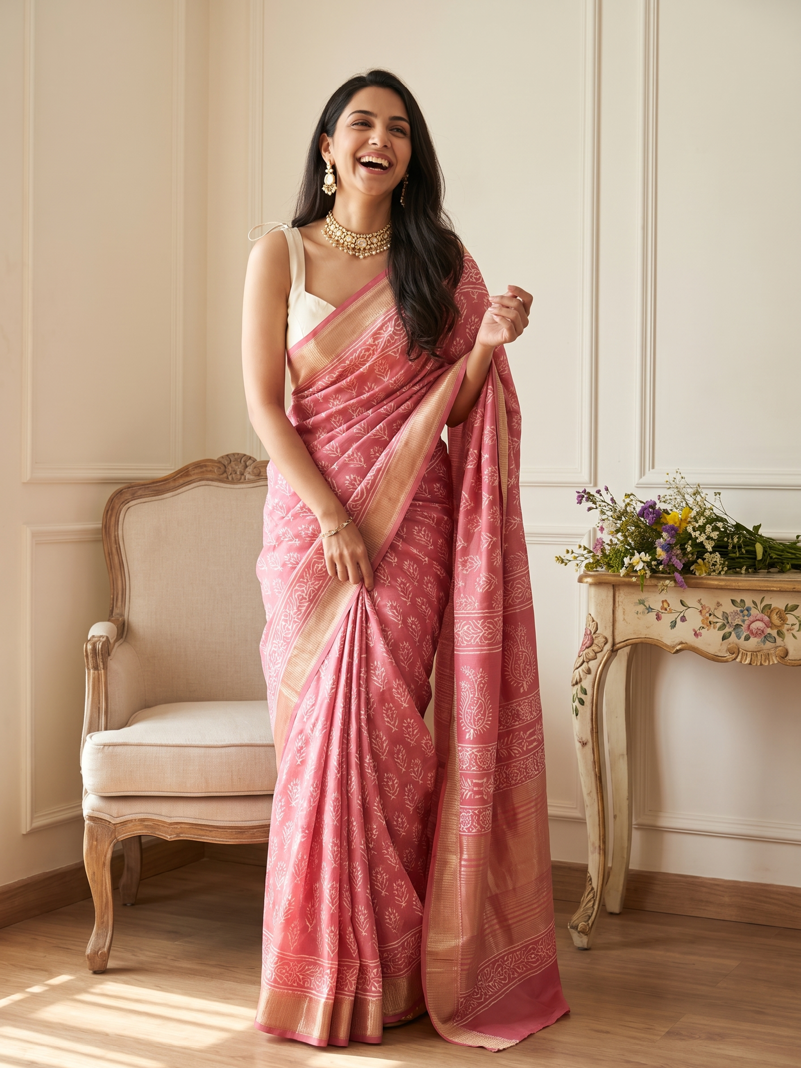 Rose Pink Maheshwari Cotton Saree