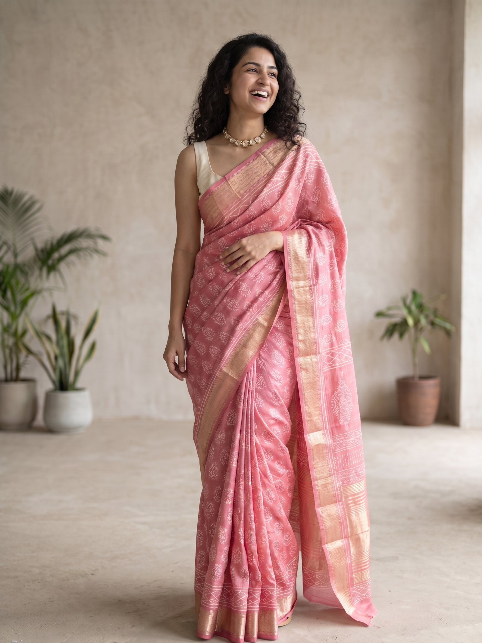 Pink Meher Maheshwari Cotton Silk Saree