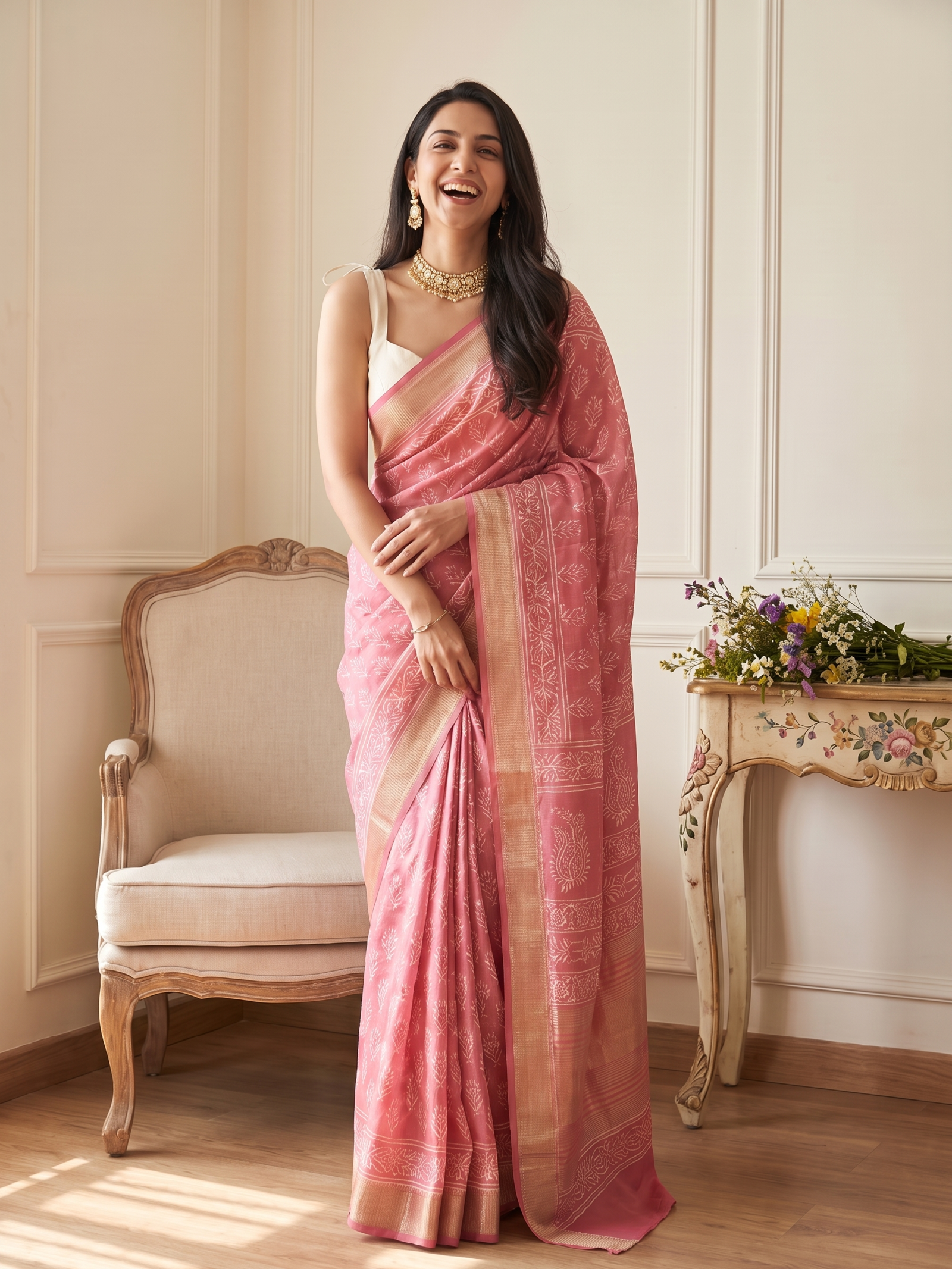 Rose Pink Maheshwari Cotton Saree