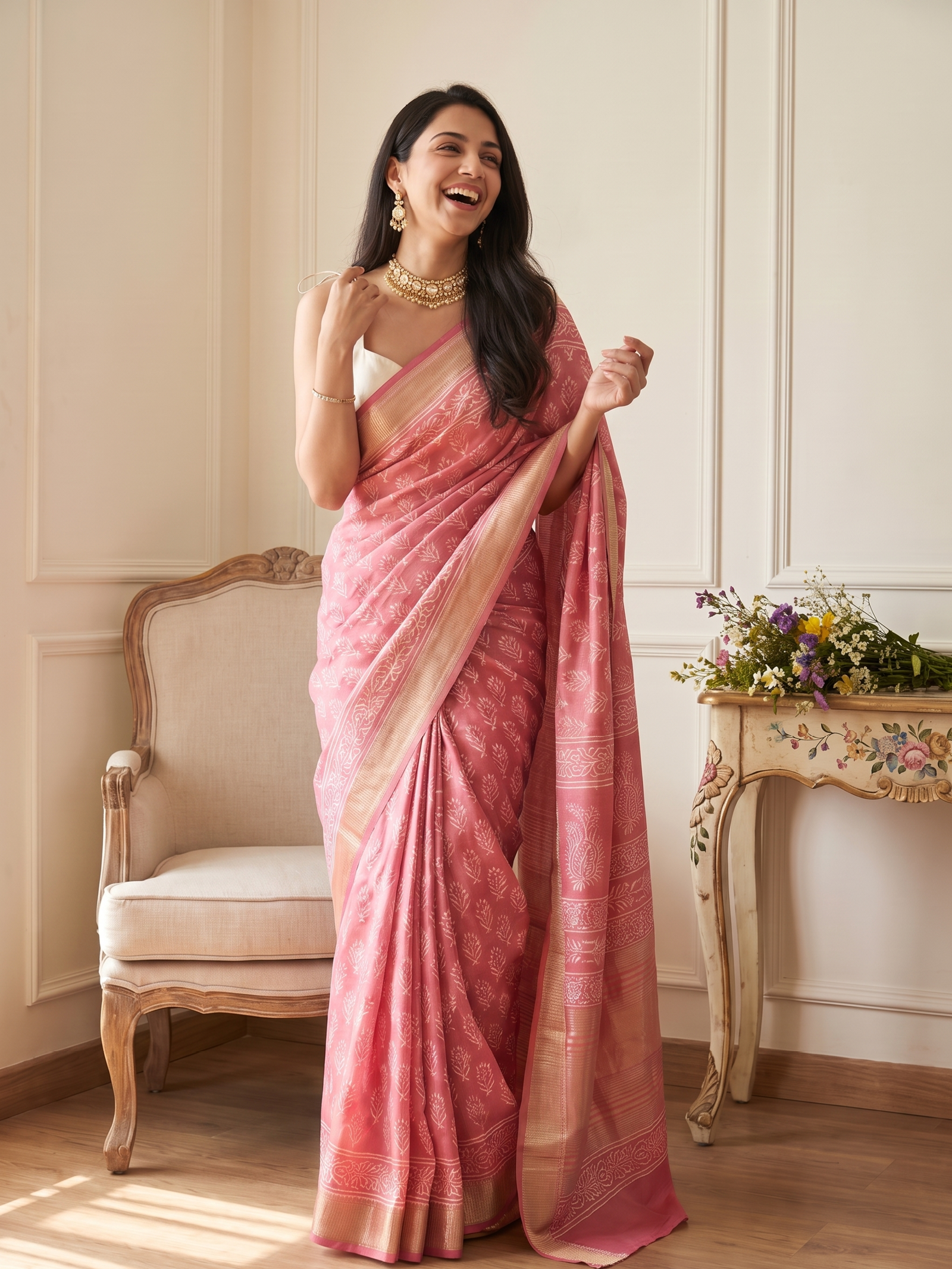 Rose Pink Maheshwari Cotton Saree