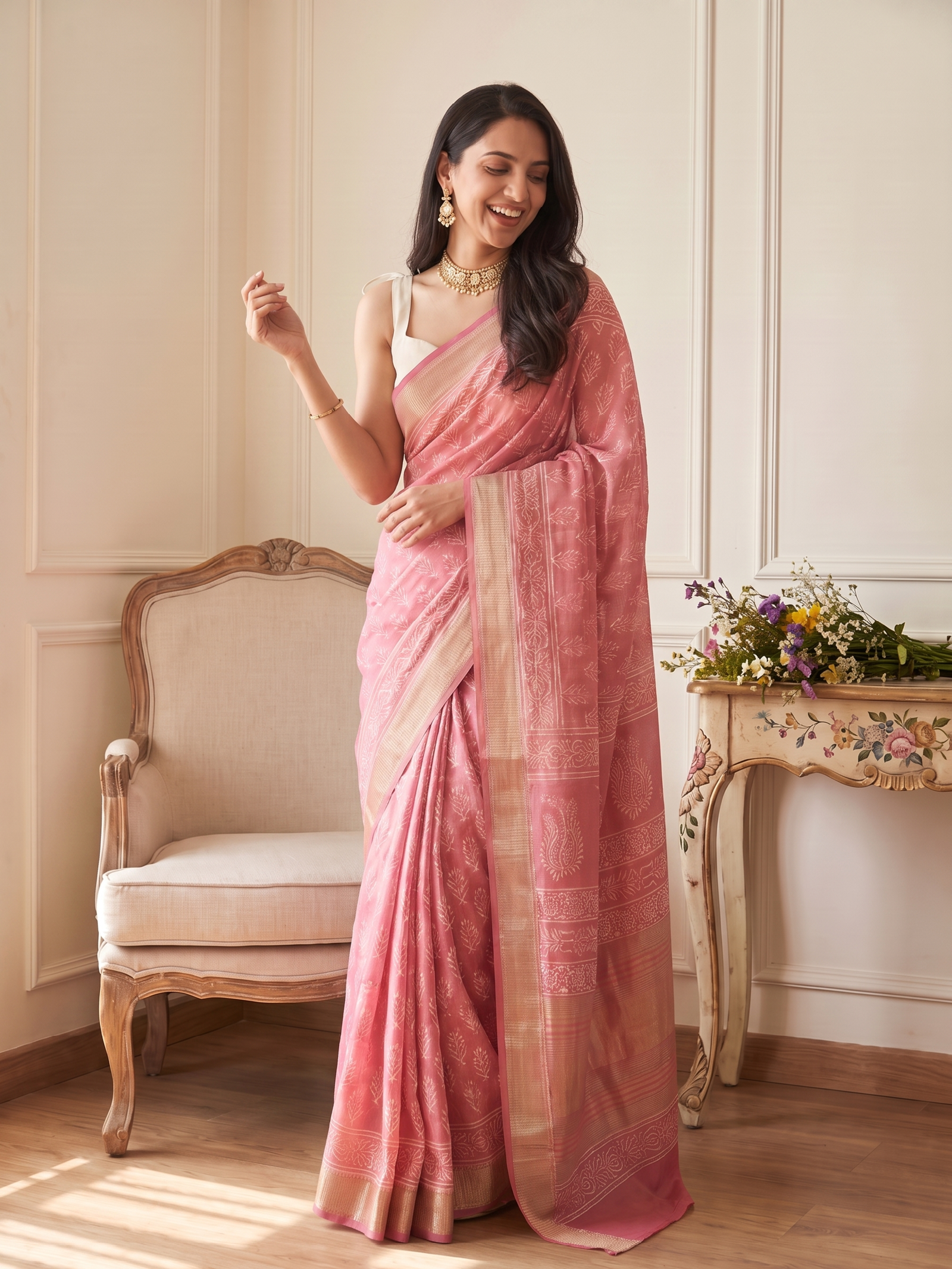 Rose Pink Maheshwari Cotton Saree