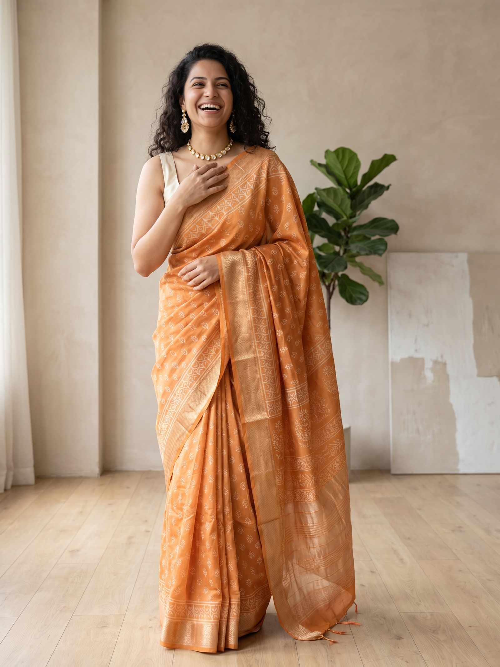 Honey Yellow Maheshwari Cotton Silk Saree