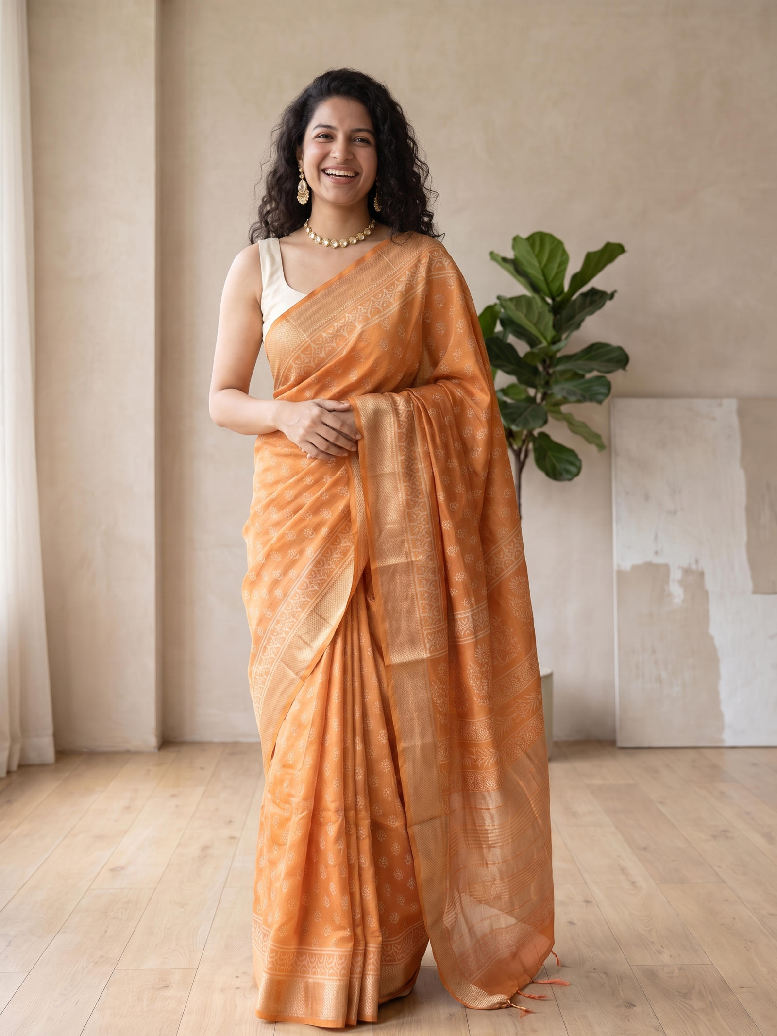 Honey Yellow Maheshwari Cotton Silk Saree
