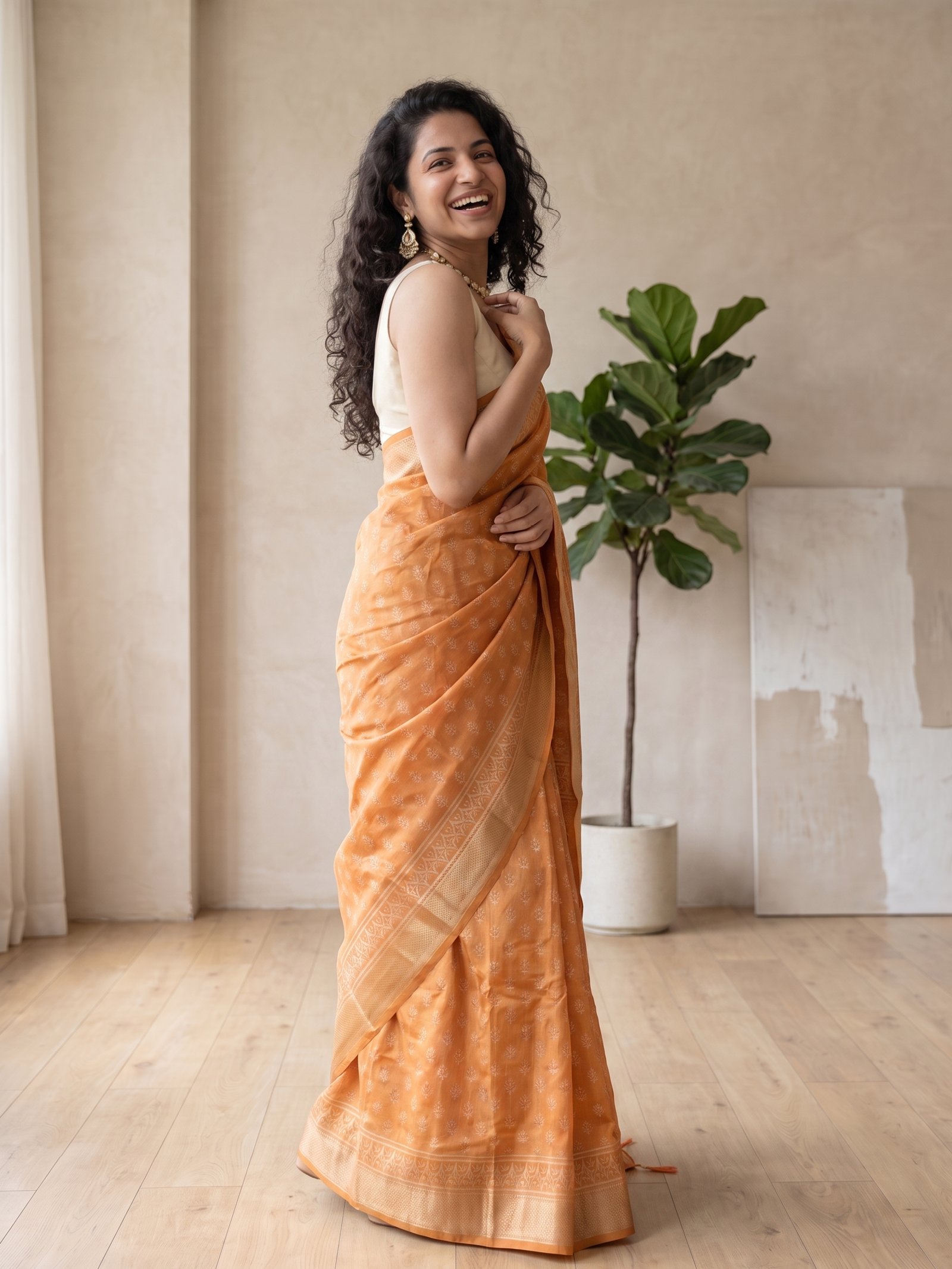 Honey Yellow Maheshwari Cotton Silk Saree