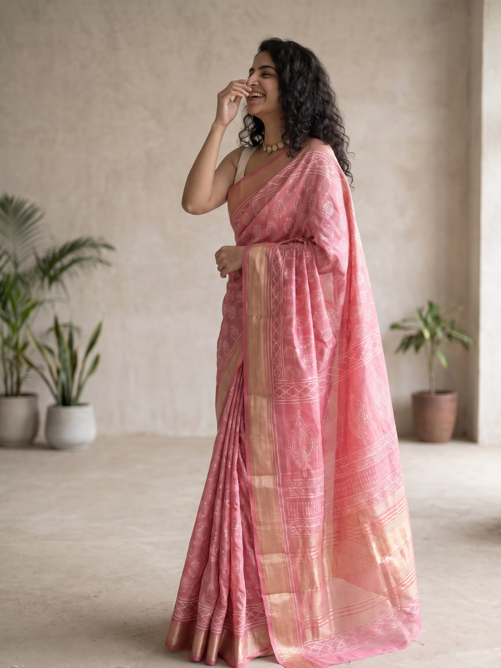 Pink Meher Maheshwari Cotton Silk Saree