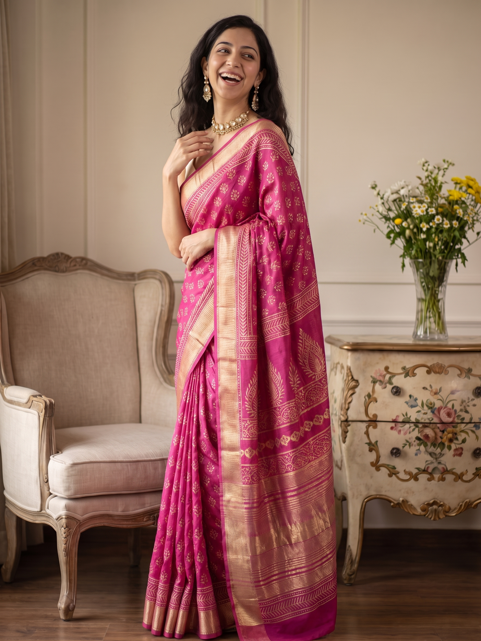 Rani Gulabi Maheshwari Cotton Silk Saree
