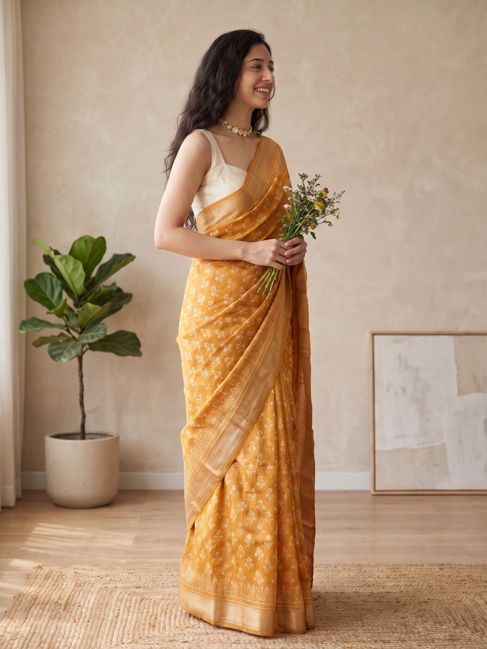 Mango Yellow Maheshwari Cotton Silk Saree