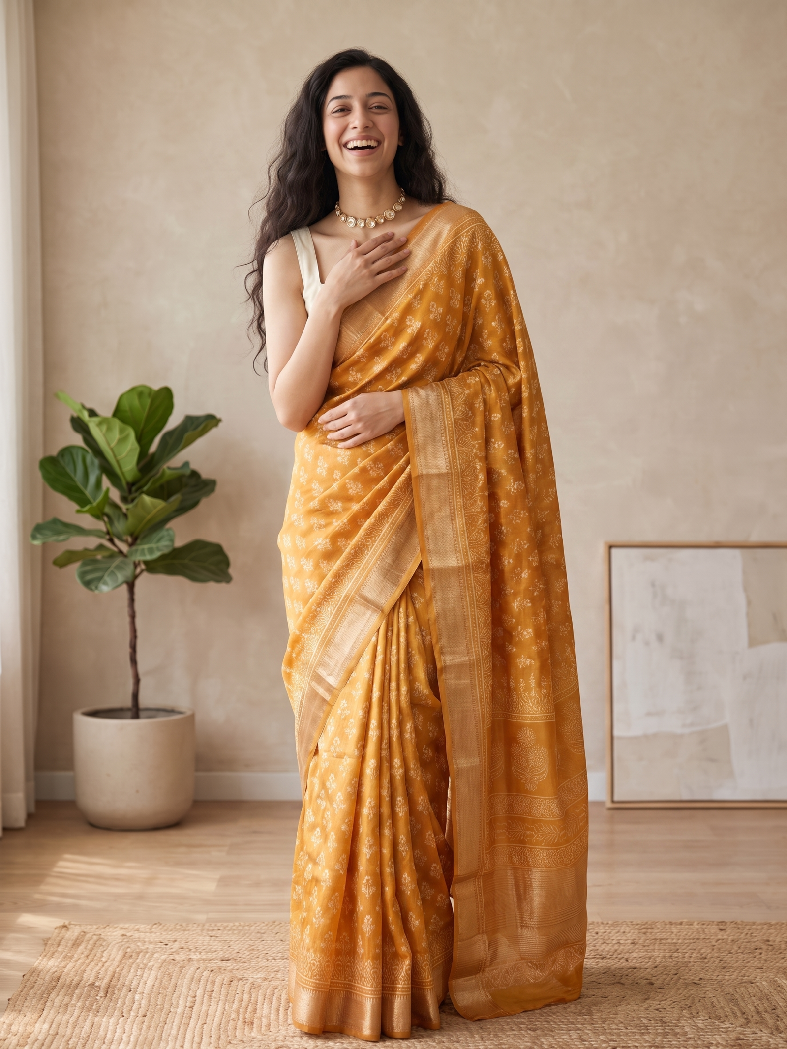 Mango Yellow Maheshwari Cotton Silk Saree