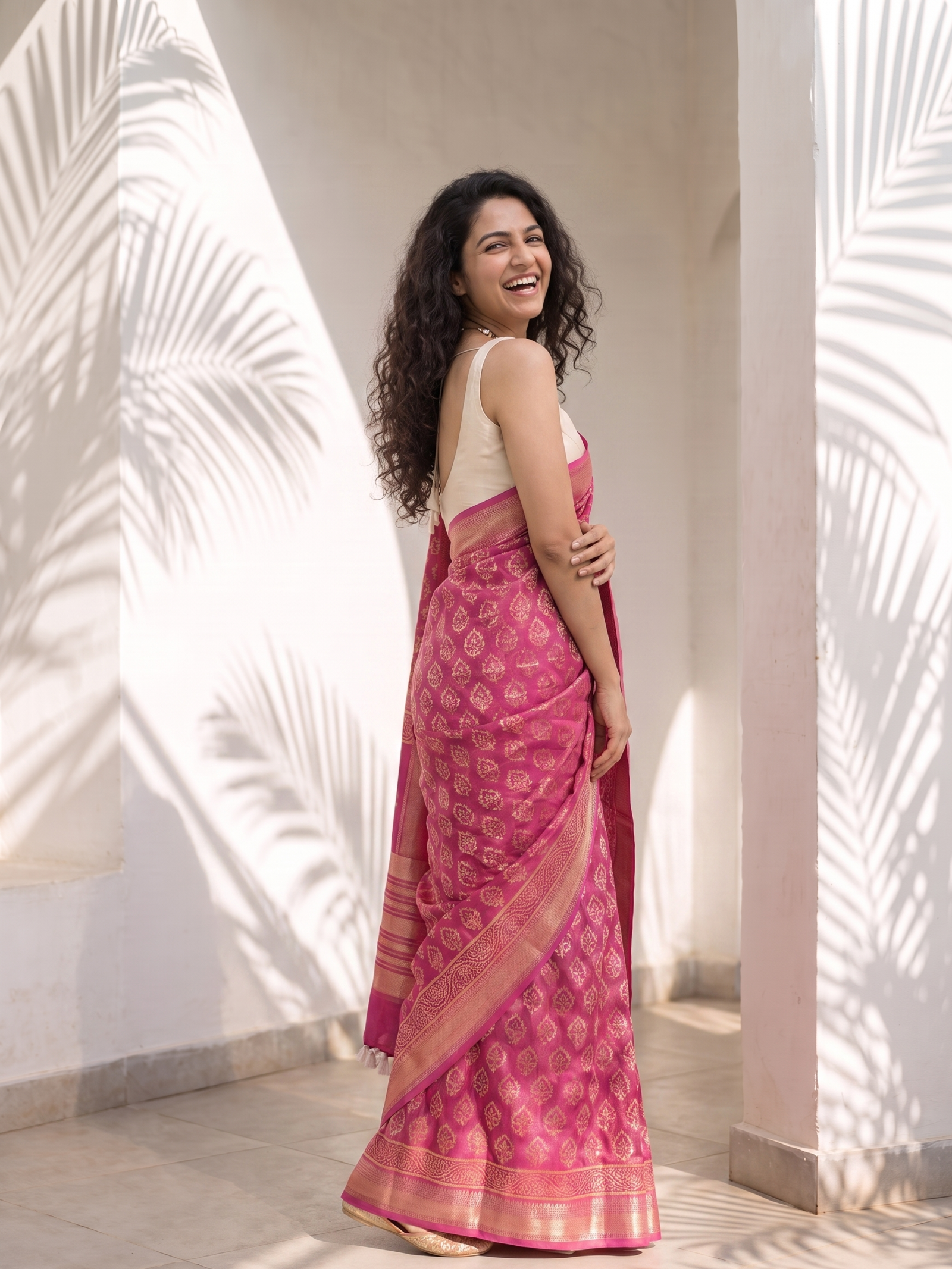 Dark Rose Maheshwari Cotton Silk Saree