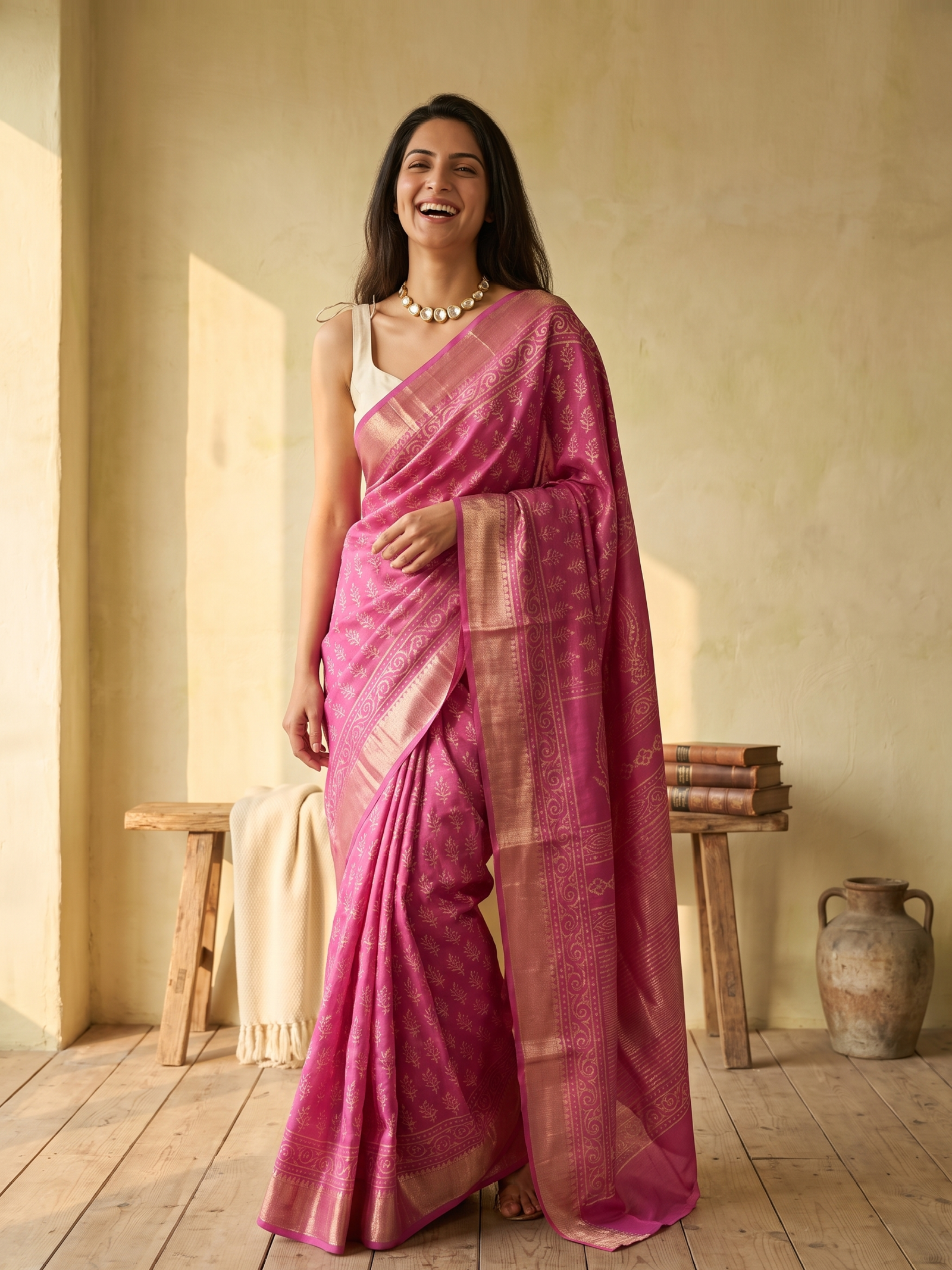 Berry Pink Maheshwari Cotton Silk Saree