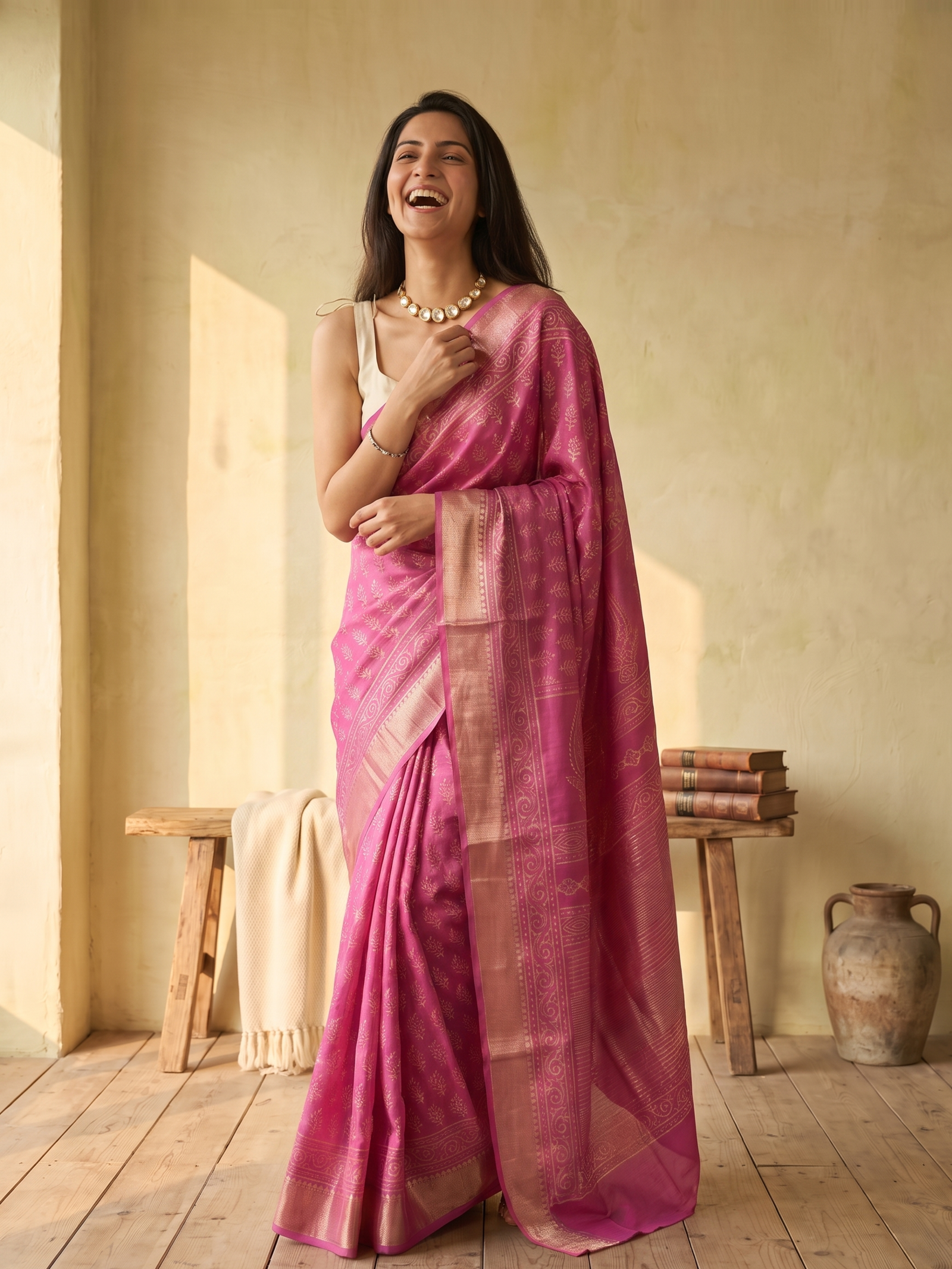 Berry Pink Maheshwari Cotton Silk Saree