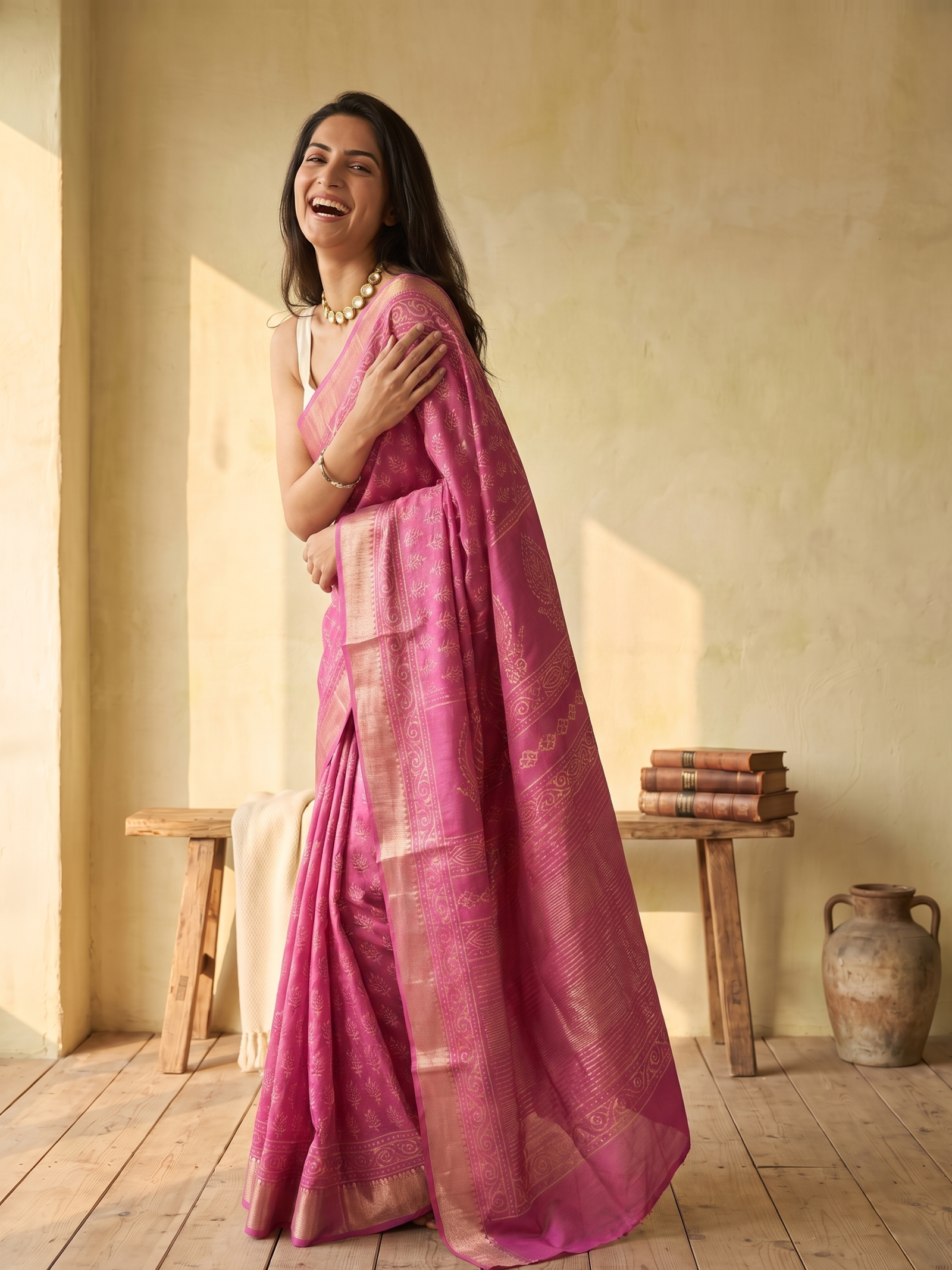 Berry Pink Maheshwari Cotton Silk Saree