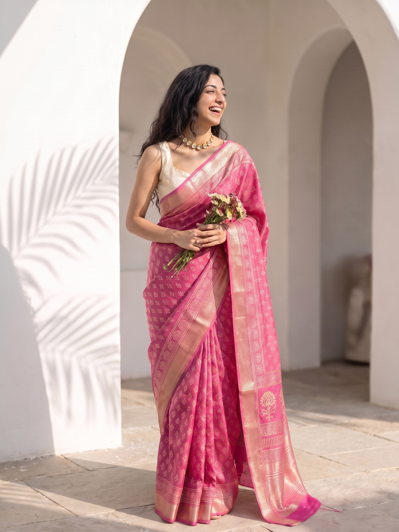 Soft Pink Maheshwari Cotton Silk Saree
