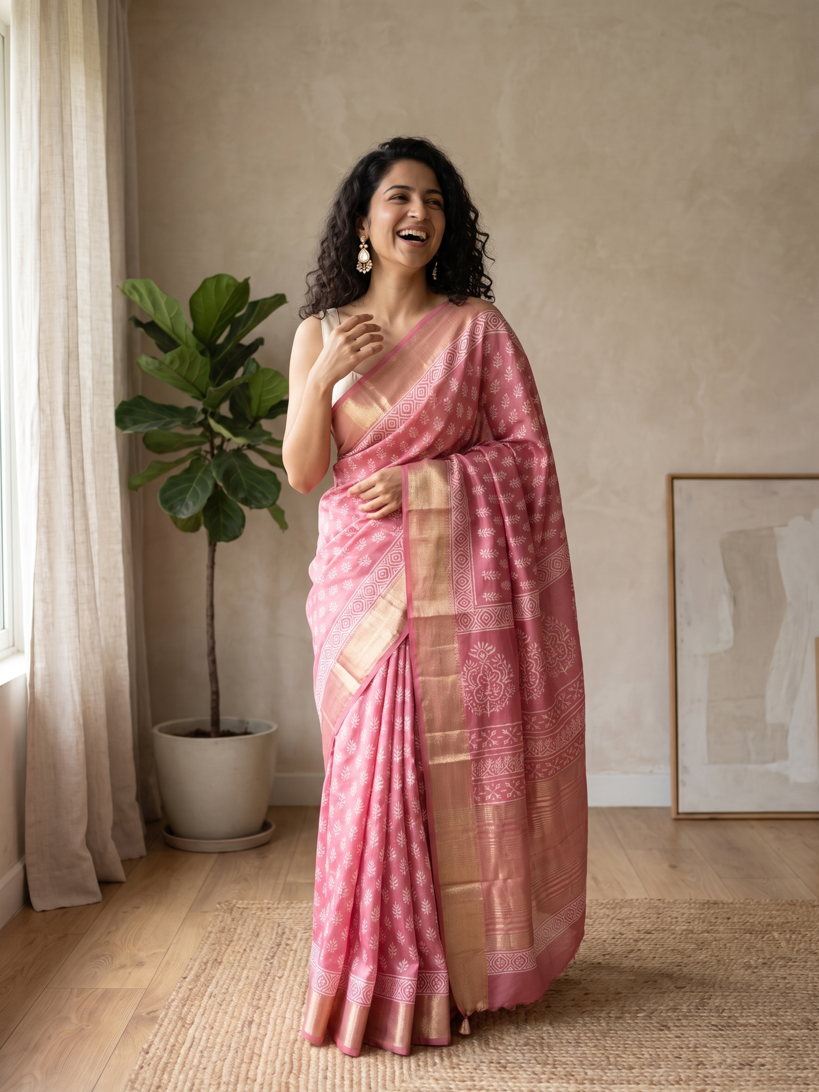 Misty Rose Maheshwari Cotton Silk Saree