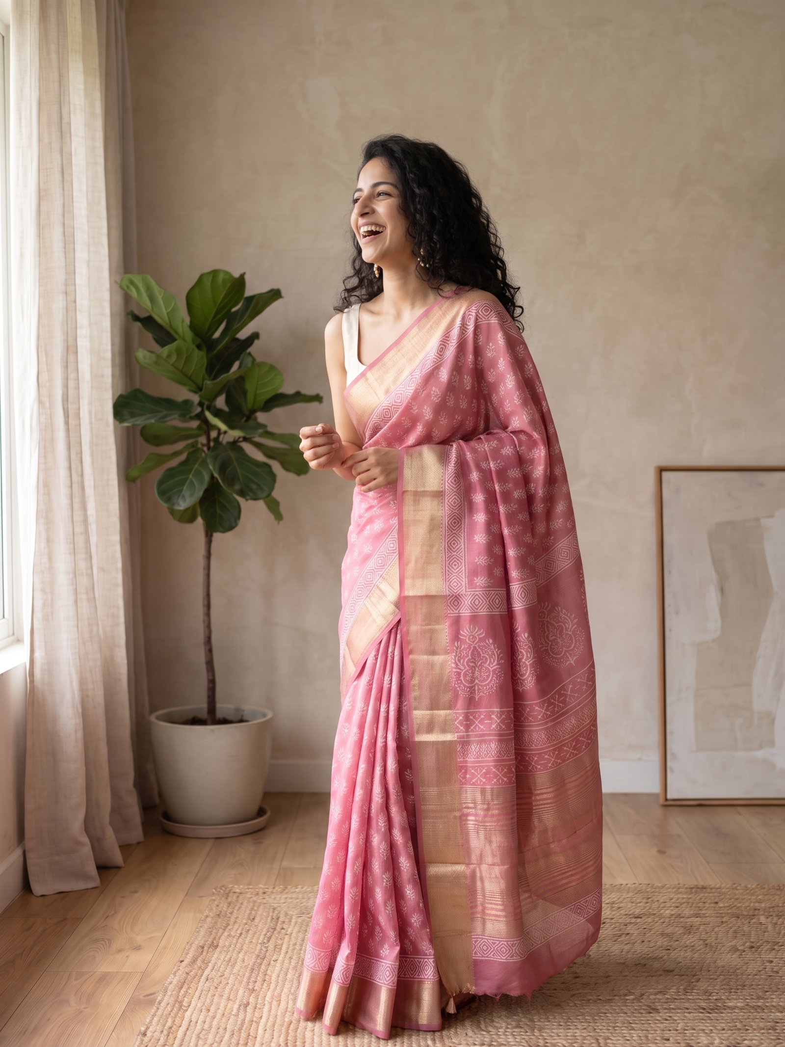 Misty Rose Maheshwari Cotton Silk Saree